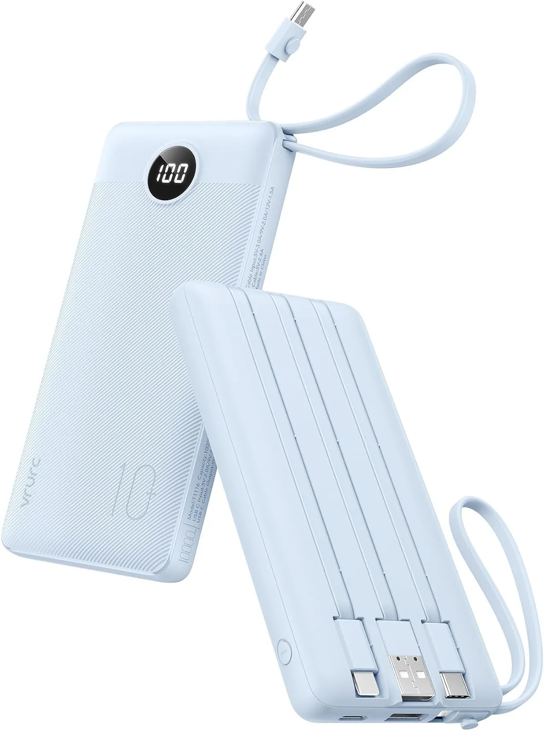 VRURC Portable Phone Charger, Built in 4 Cables USB C Power Bank 10000mAh