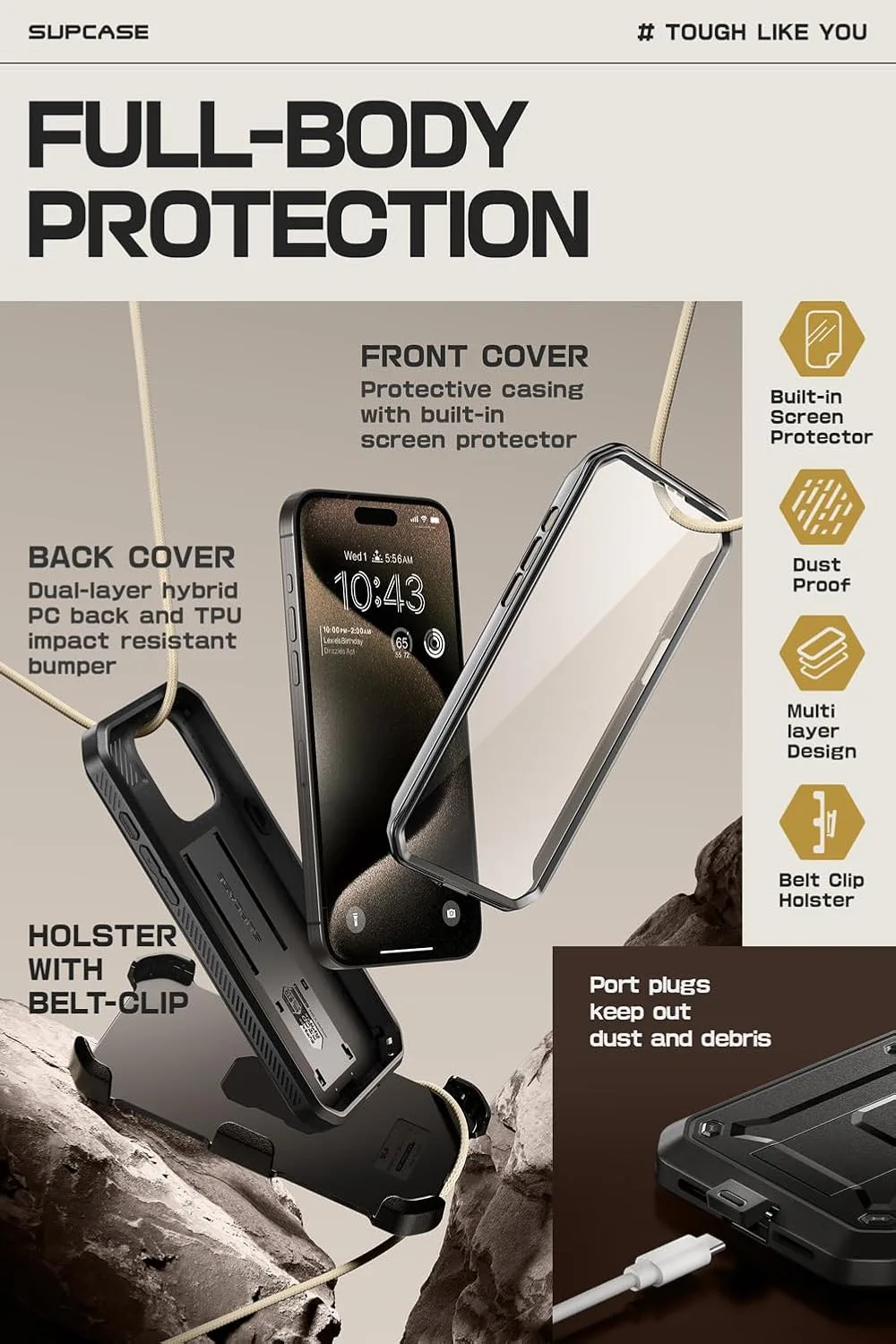 SUPCASE for iPhone 15 Pro Max Case with Stand & Screen Protector, Black