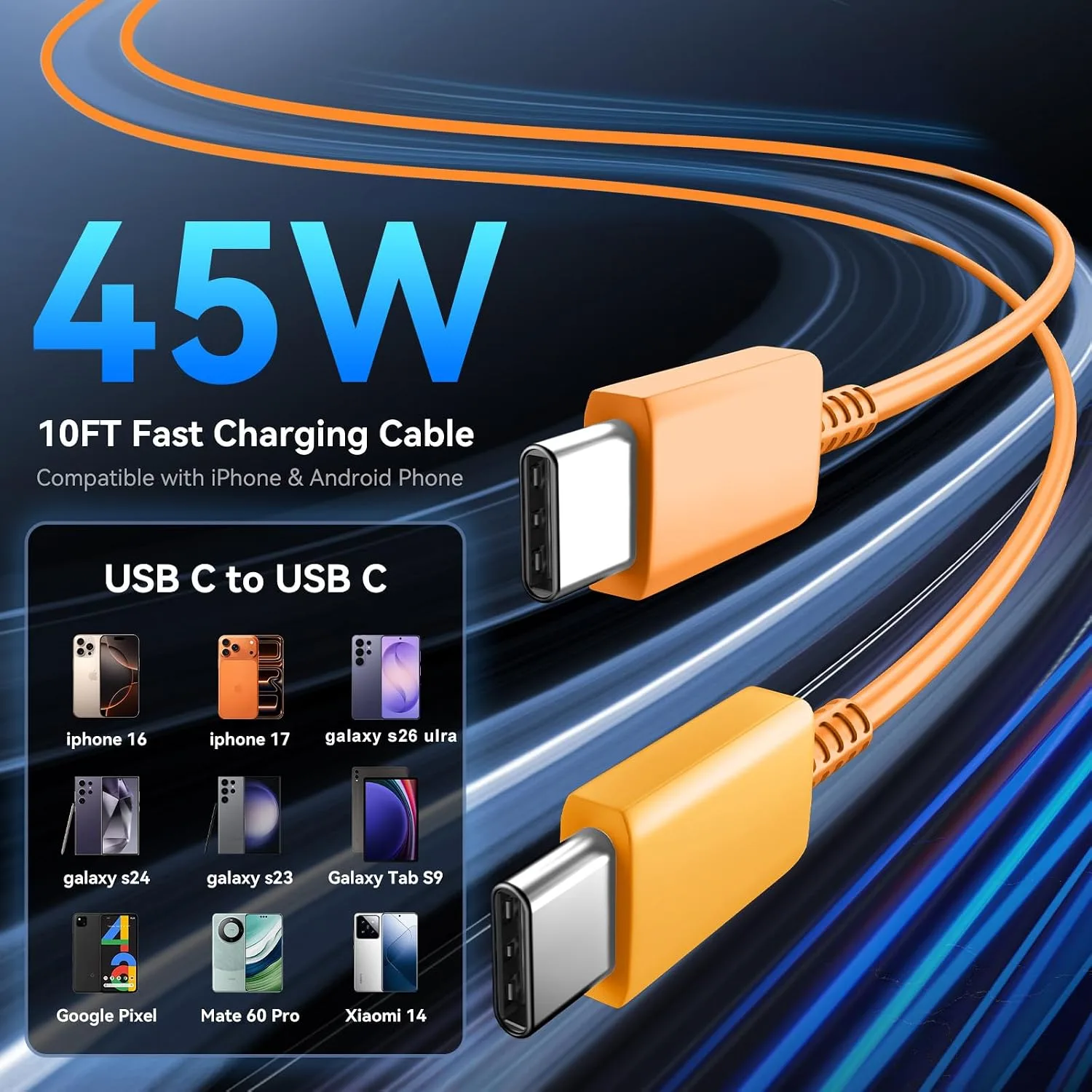 Type C Charger Fast Charging 60W Super Fast USB C Fast Charger Block with 10FT Extra Long C to C Charging Cord for Samsung Galaxy S26 Ultra/S26/S26+/S25 /S24/S23 Ultra/iPhone 17 16 15 Pro Max-Orange