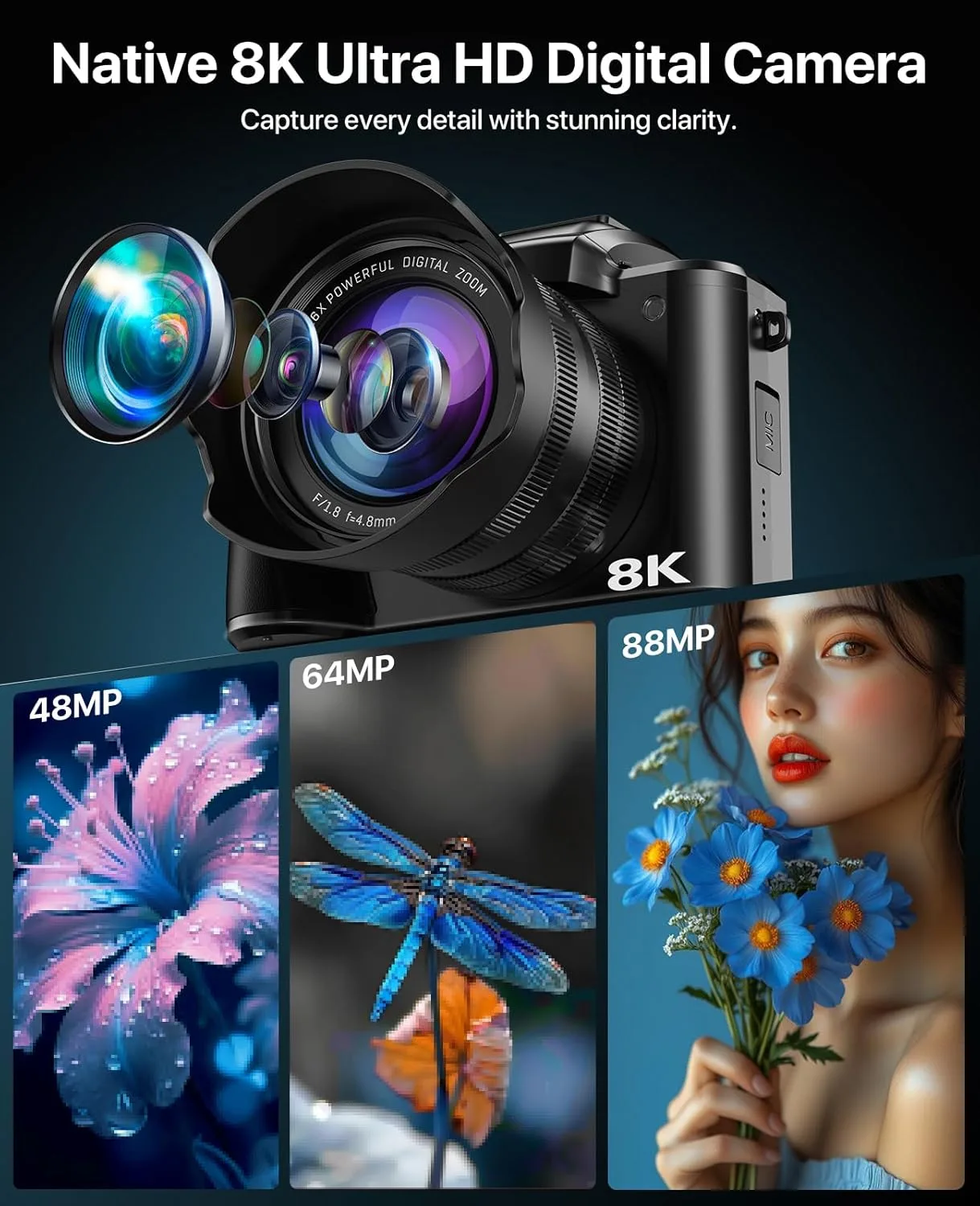 8K Digital Cameras for Photography, 2026 Autofocus 88MP WiFi Professional Photography Camera with Dual-Lens for YouTube, 16X Digital Zoom, TF Card, Lens Hood, Touch Screen,2 Batteries & Charging Stand
