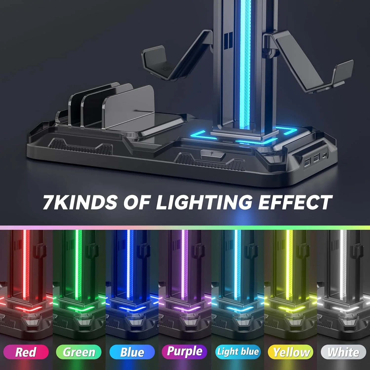 KDD Headset Stand with Charging Station - Detachable Controller Holder with 9 Light Modes - Rotatable Headphone Hanger with USB A&C Charger Ports - Earphone Hook for PC Gaming Accessories Storage