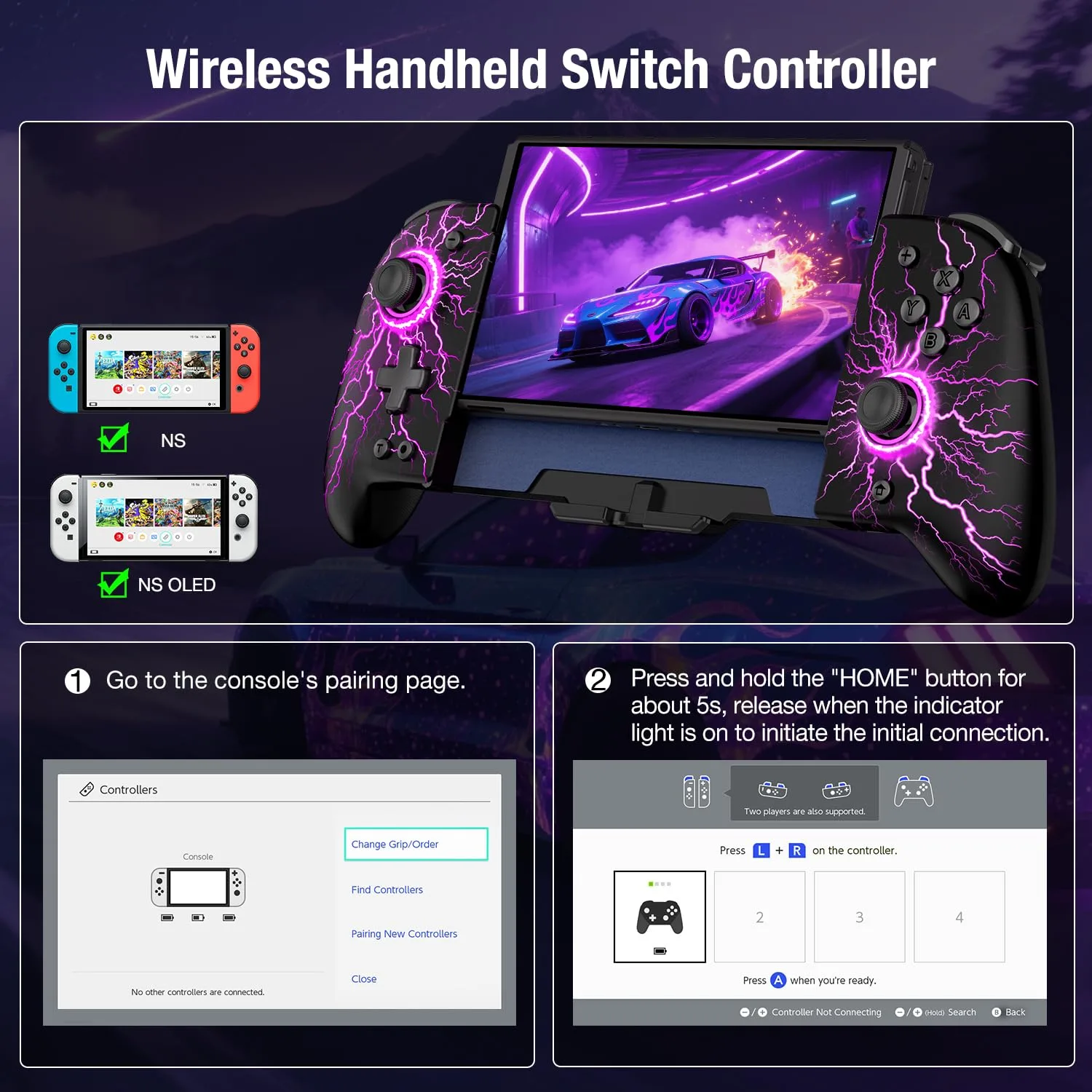 Spican Switch Controllers for Nintendo Switch/Switch OLED, Hall Effect Switch Wireless Pro Controller One-Piece Joypad, Full-Size Handheld Mode Controller with 17 RGB Light/Battery/Turbo/Macro/4 Game Slot
