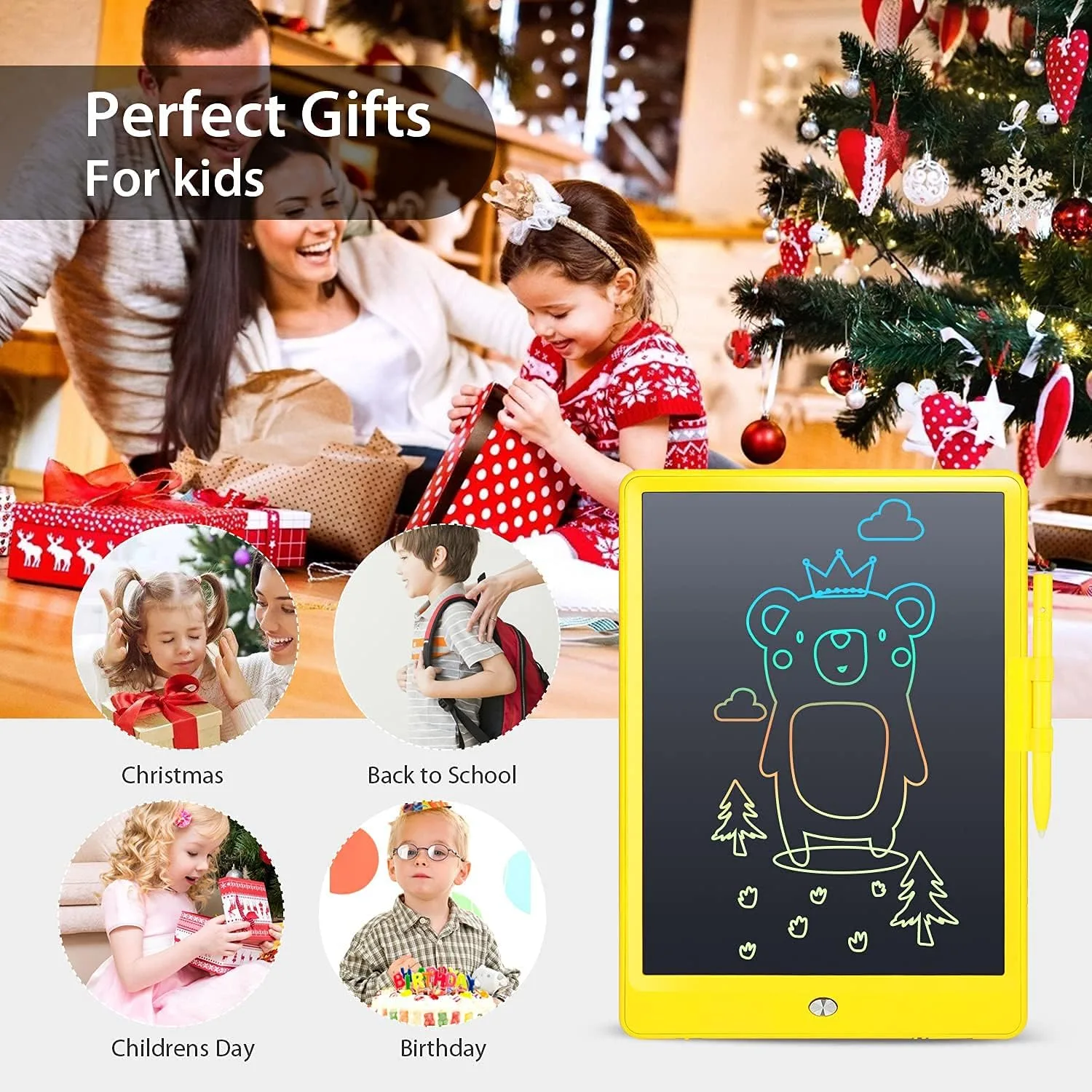 LCD Writing Tablet with Bag for Kids, 10 Colorful Screen Drawing Board Doodle Pad Learning Educational Toy - Gift for 3-6 Years Old Boy Girl (Yellow)