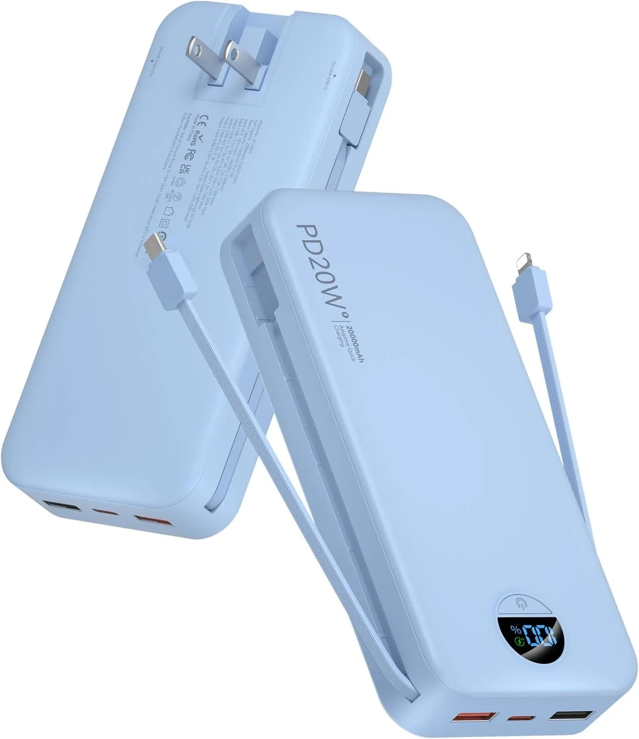 citicr Portable Charger 20000mAh PD20W w/Built-in Cables & Wall Plug Blue