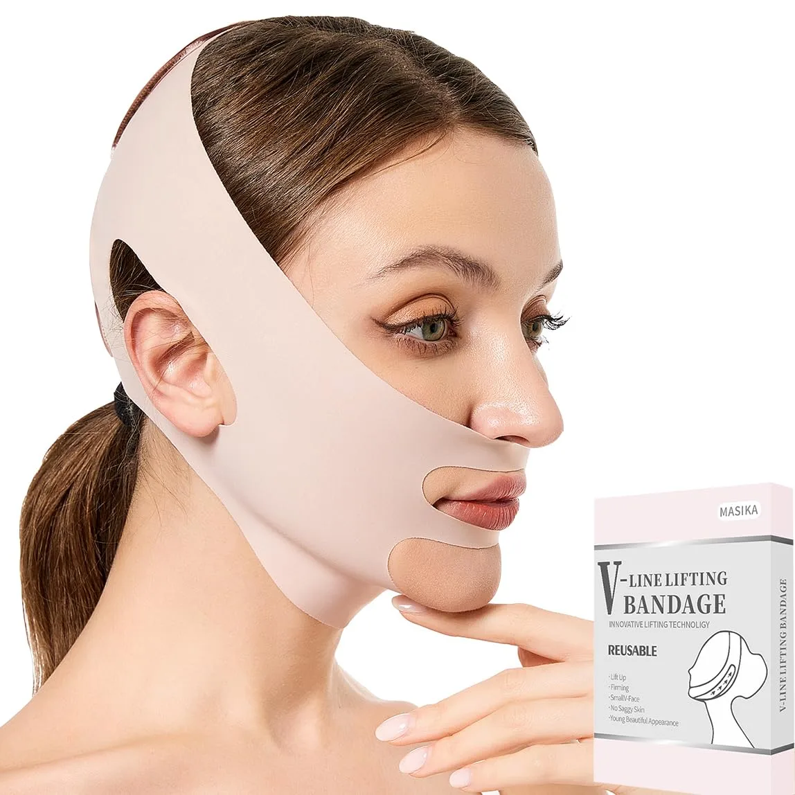 MASIKA Chin Strap for Sleeping，V-Line Mask,，V-Line Lifting Chinstrap，Jaw Exerciser, Reusable Face Strap.Jaw Strap,Jawline Shaper,Double chin strap，Chin lifting strap，Face lifting strap，Pink,M
