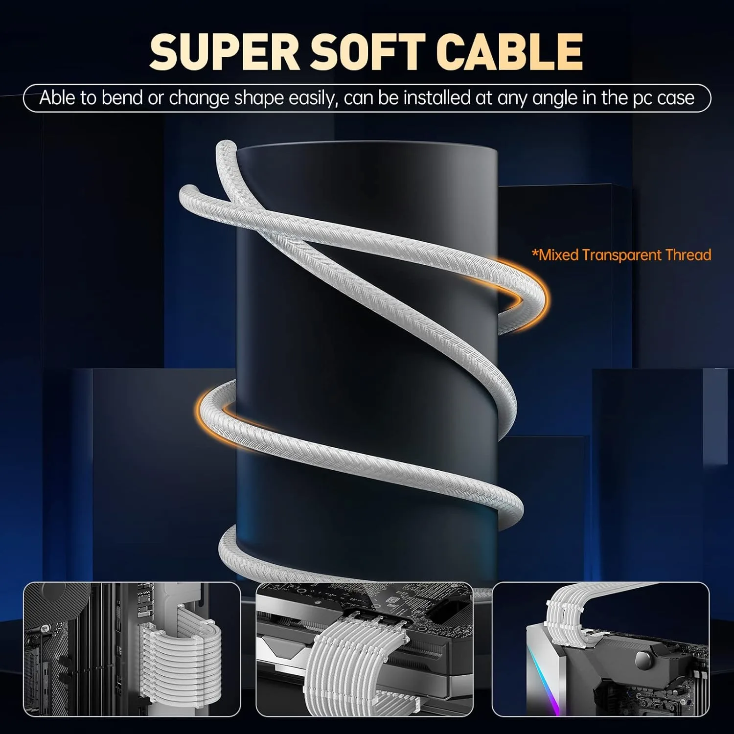 AsiaHorse PSU Cable Extension Kit of Clear Connector, 24Pin/4+4 EPS/6+2 PCI-E 16AWG ATX Power Supply Sleeved Cable Kit for Two-Way CPU Performance, 30CM Length with White Combs
