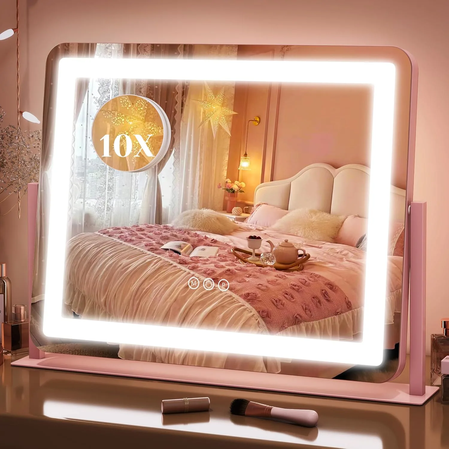 FENNIO Vanity Mirror with Lights 22''x17'' Makeup Mirror,Vanity Mirror Touch Screen with 3-Color Lighting,Dimmable,for Vanity Desk Tabletop（Pink）