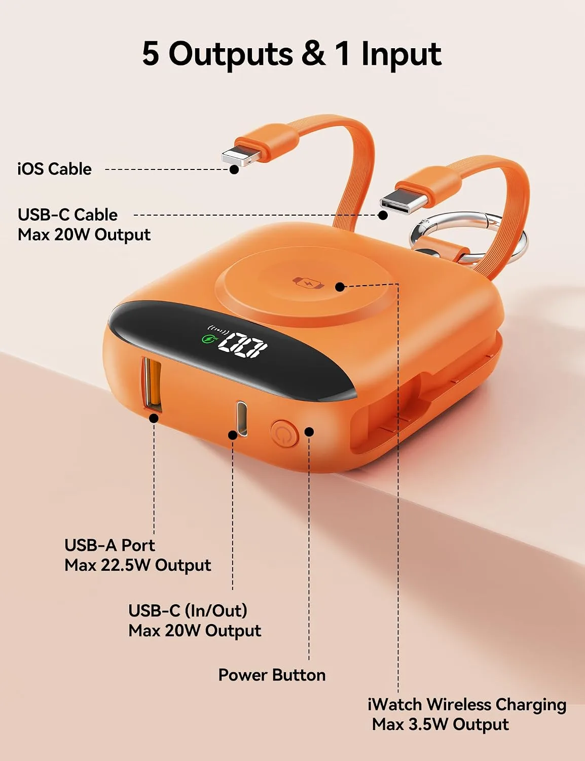 Portable Charger 10000mAh 22.5W Power Bank Built-in 2 Cables Keychain