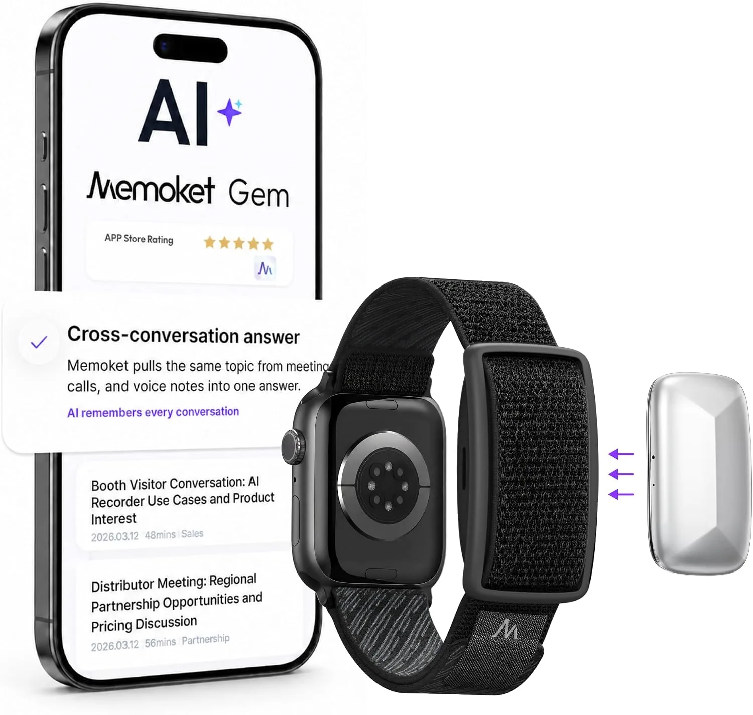 Grabadora de voz portátil Memoket Gem compatible con Apple Watch