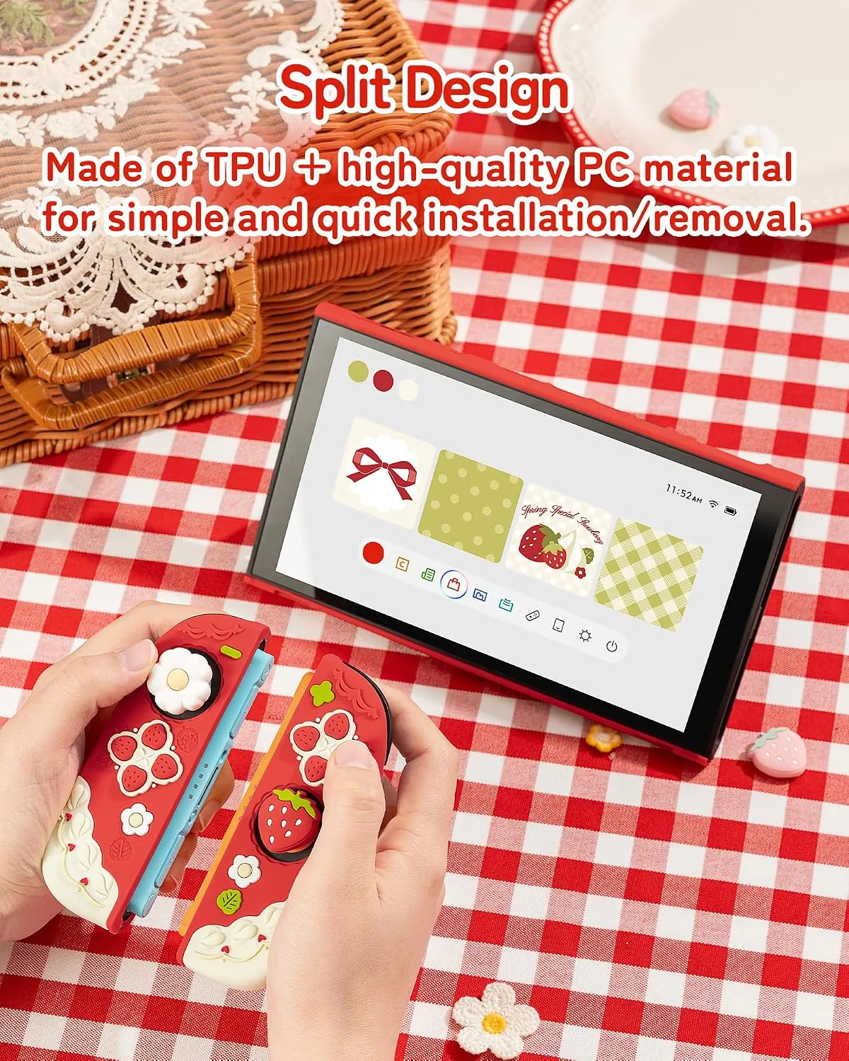 GeekShare Strawberries with Cream Case Compatible with Switch 2, Slim Separable Soft Silicone Protective Shell with 2 Thumb Grip Caps - Red