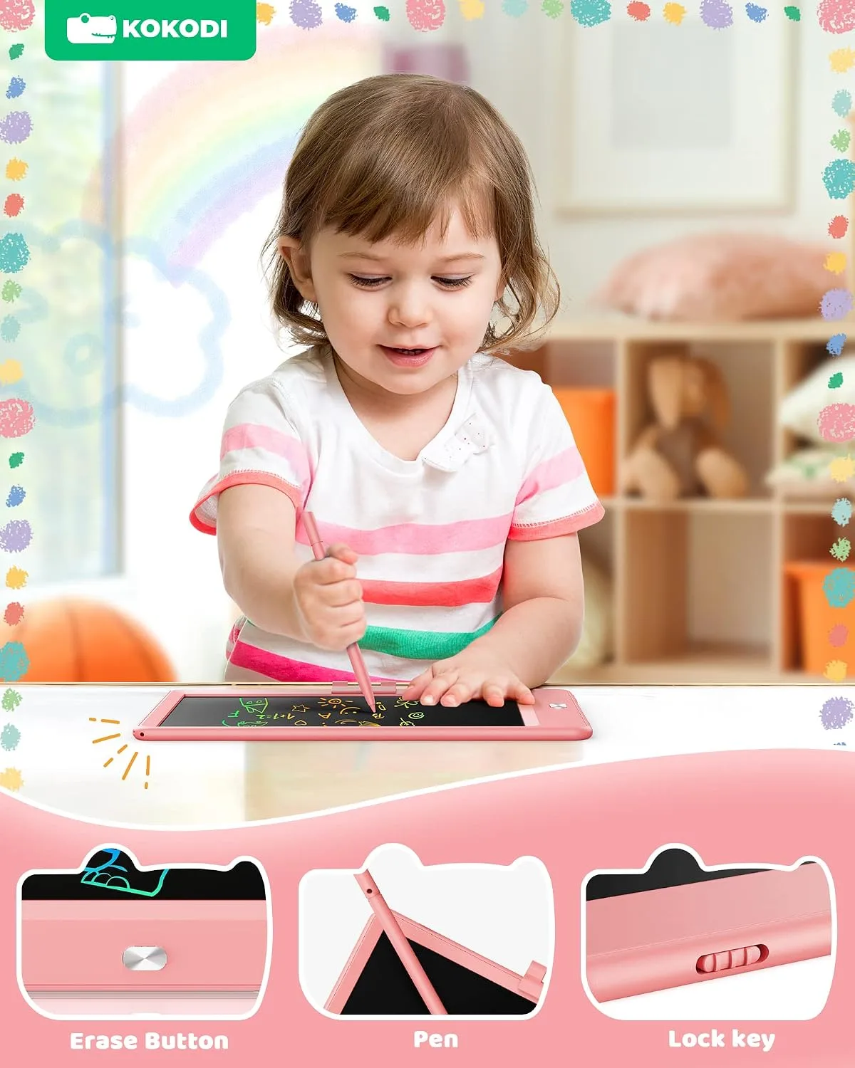 KOKODI LCD Writing Tablet, 8.5 Inch Toddler Doodle Board Drawing Tablet, Erasable Reusable Electronic Drawing Pads, Educational and Learning Toy for 3-8 Years Old Boy and Girls (Pink)