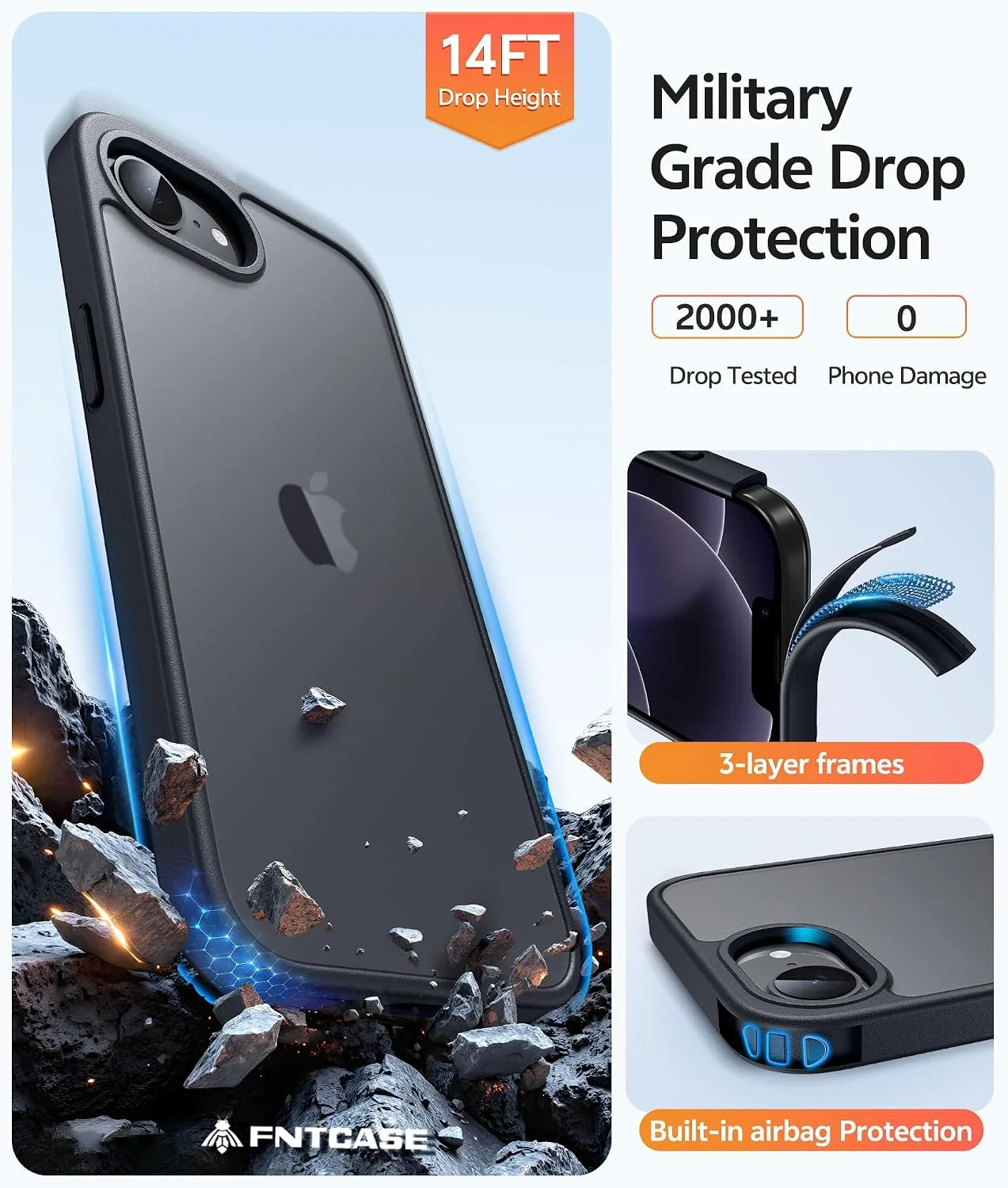 FNTCASE for iPhone 17e/16e Case, Screen Protector, Translucent Matte Back