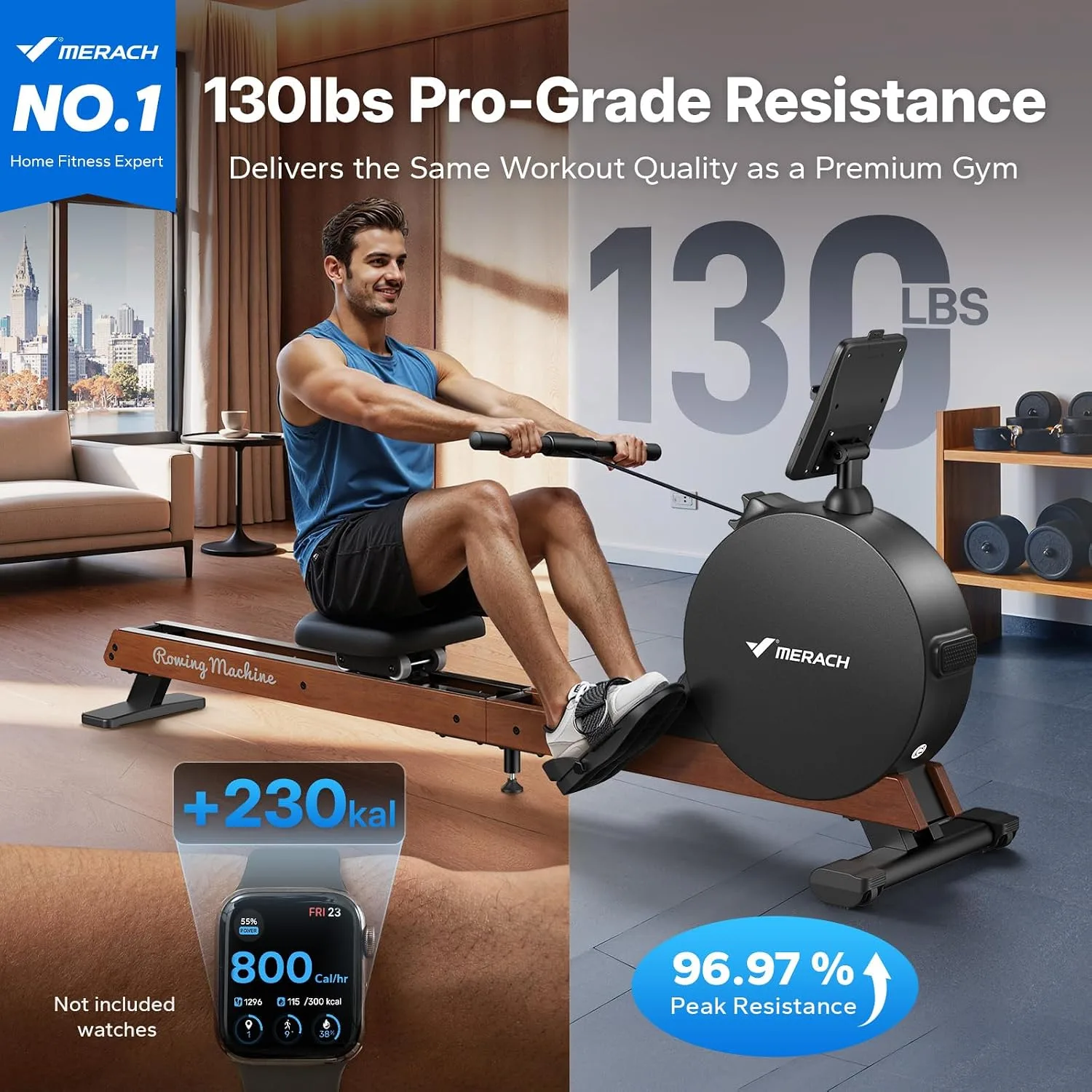 MERACH Pro-Grade Rowing Machines for Home, Smart Magnetic Rowing Machine with Self-Generation, Double Resistance and 400 LBS MAX Load, Wooden Tracks for Silent Sliding