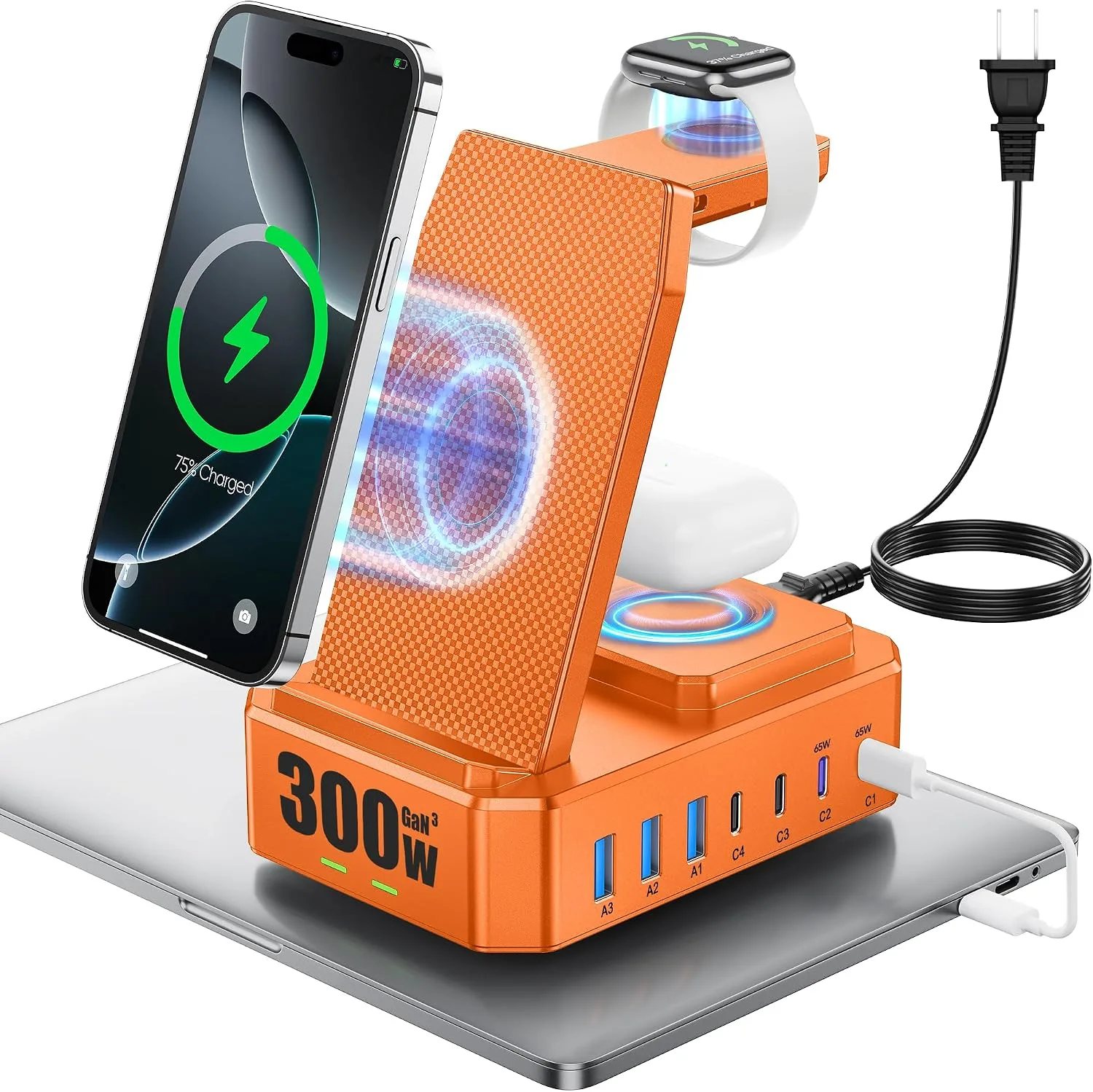 Estación de carga 10 en 1 Zutspzss 300W con cargador inalámbrico para Apple y puertos USB-C y USB-A