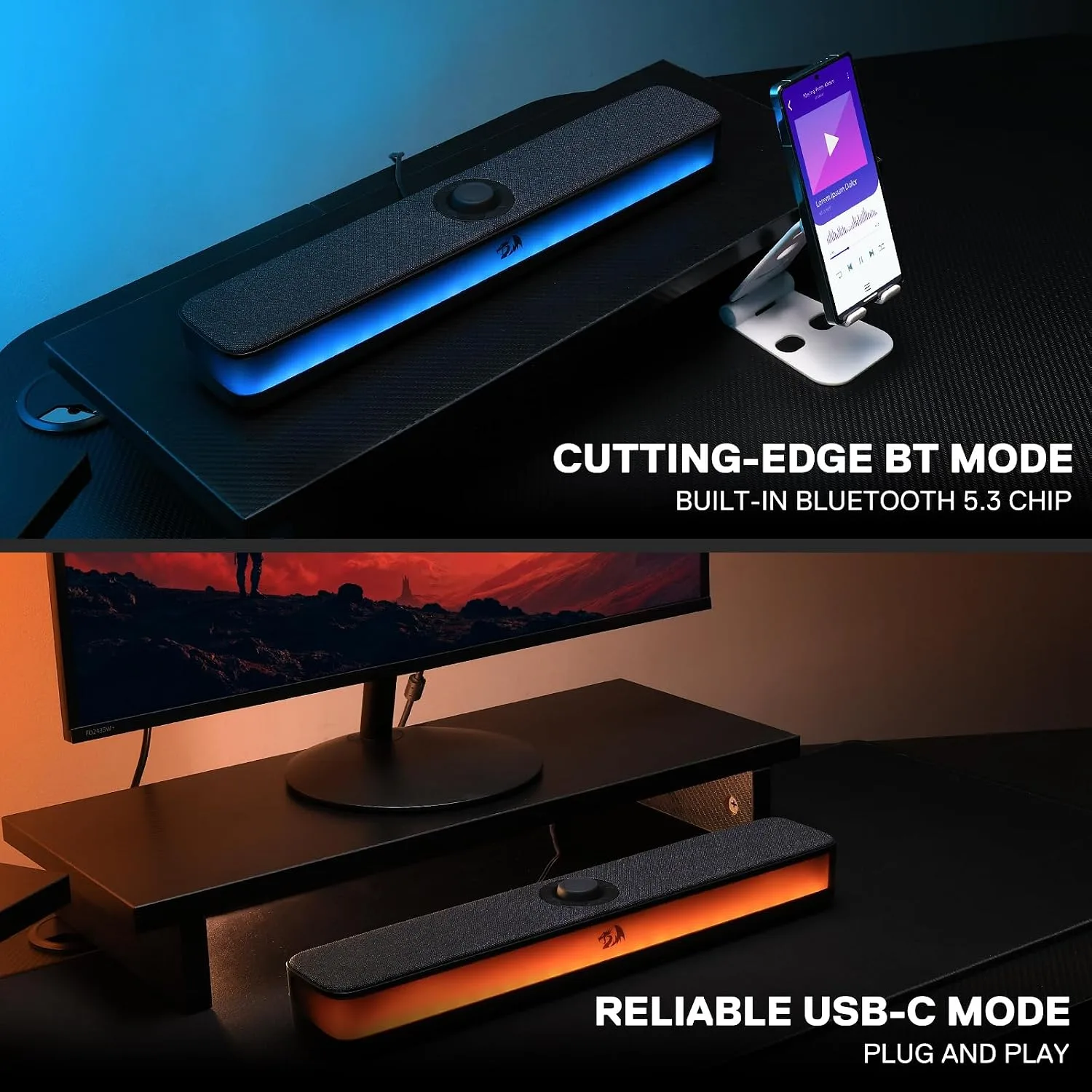 Redragon GS515 RGB Desktop Soundbar, 2.0 Stereo Enhanced Sound, BT 5.3