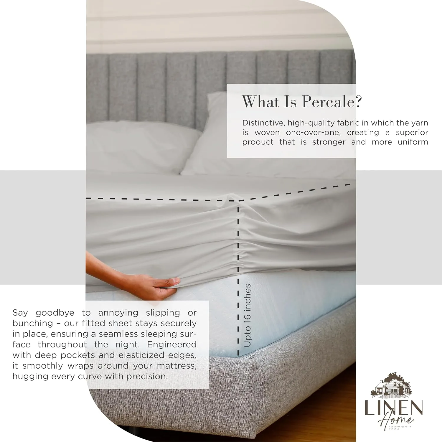 Linen Home 100% Cotton Percale King Sheets, 4 Pc Cooling Set - Silver