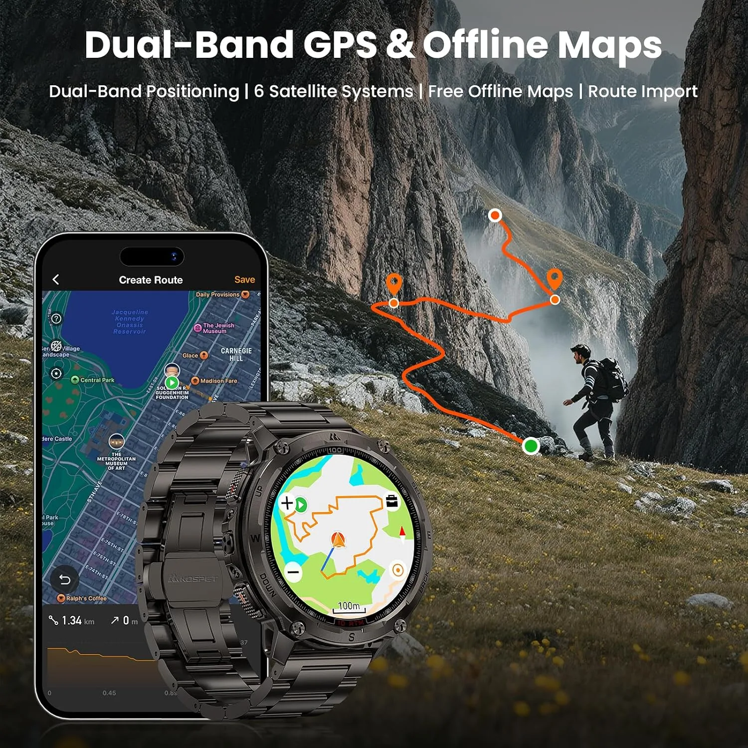 KOSPET Tank T4 Special Edition Smart Watch, Dual-Band GPS, Offline Maps