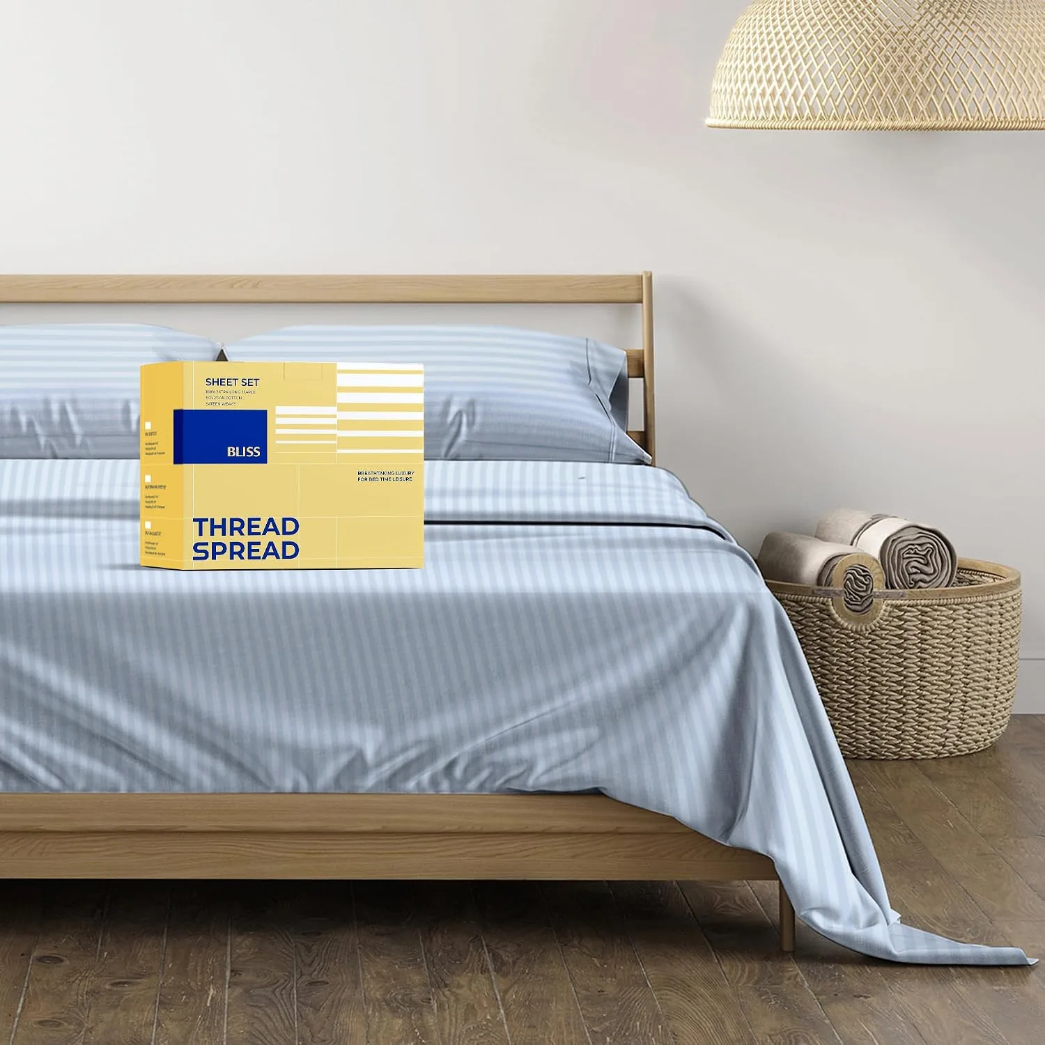 THREAD SPREAD Egyptian Cotton Sheets King Size - Luxury 600 Series King Size Sheets Set (4 PC, Light Blue - Stripe), 16" Deep Pocket All Around Elastic, Soft, Sateen, Durable Hotel Bed Sheet Sets