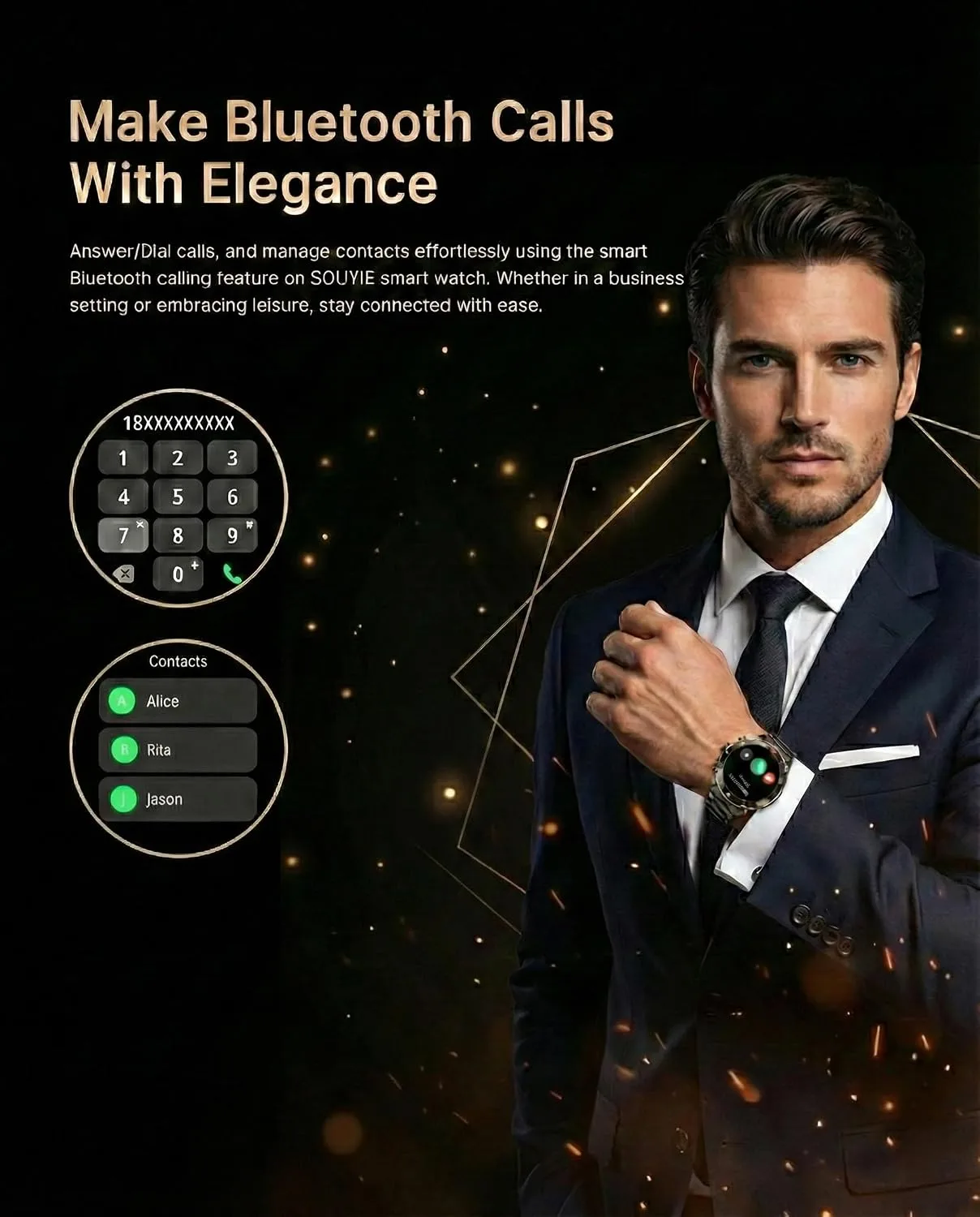 SOUYIE Men's Smart Watch with Bluetooth Call, 1.43" AMOLED Round Dial