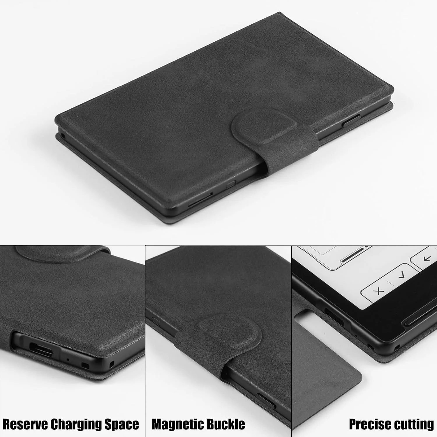 Magnetic Case for Xteink X4,PU Leather Slim Cover, Rock Black