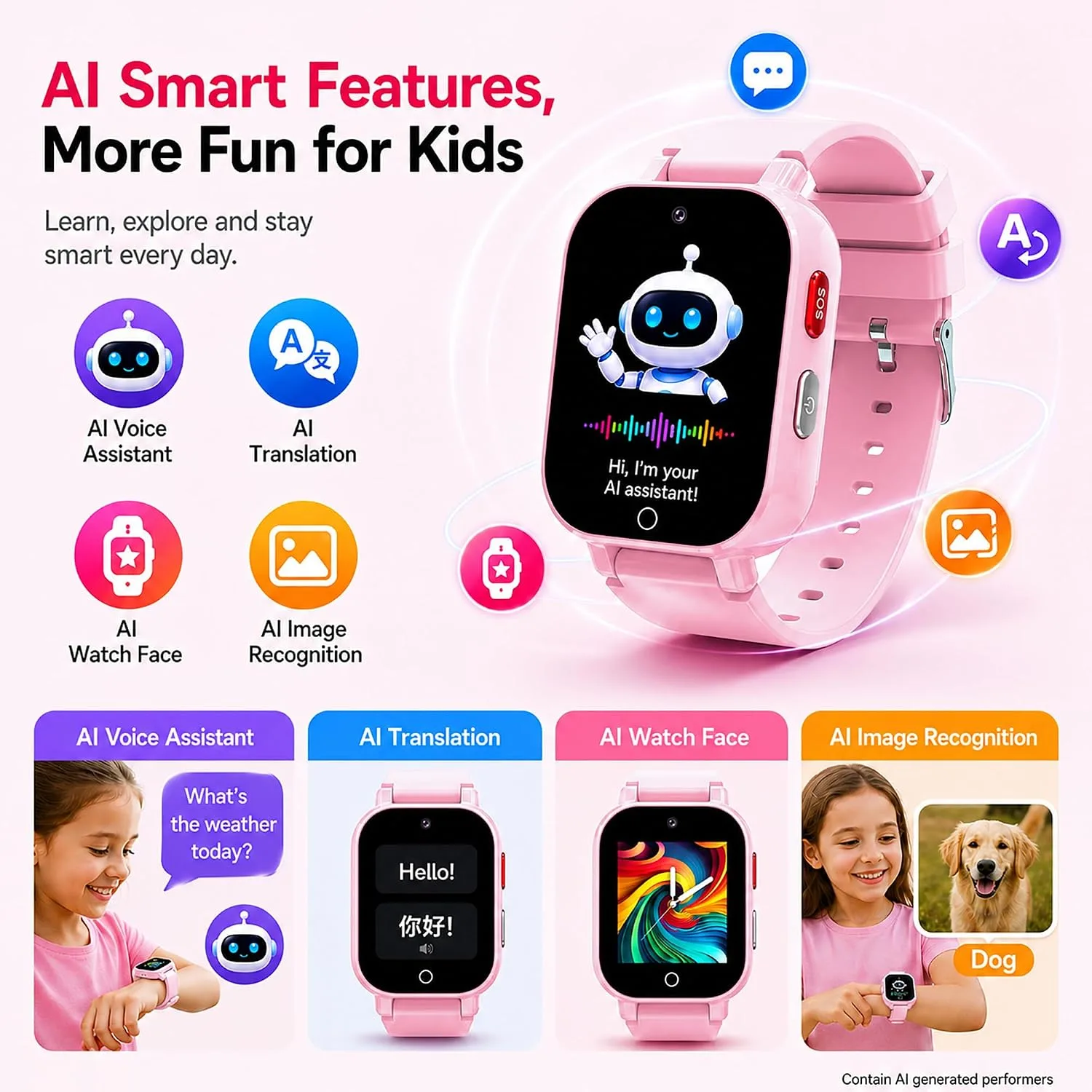 4G Kids Smart Watch with GPS Tracker, Video & Voice Call, SOS, WiFi, IP68 Waterproof, AI Smart Features, Parental Control Phone Watch for Boys Girls Age 3+ (SIM Card Included)