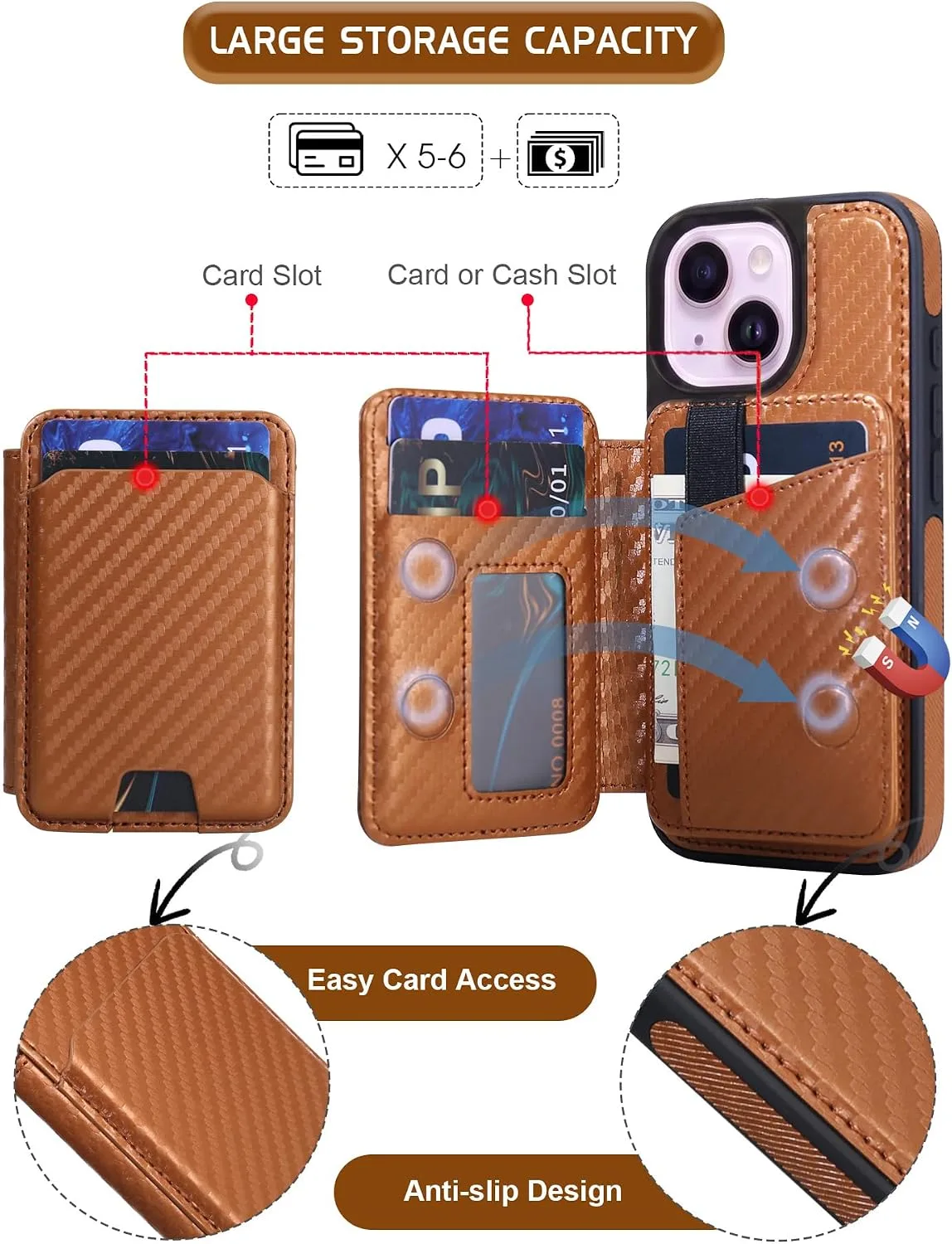 Magnetic Detachable Wallet Case for iPhone 15/14 Plus with Kickstand,2-in-1 MagSafe Compatible RFID Blocking Card Holder,Slim PU Leather Cover Carbon Coffee
