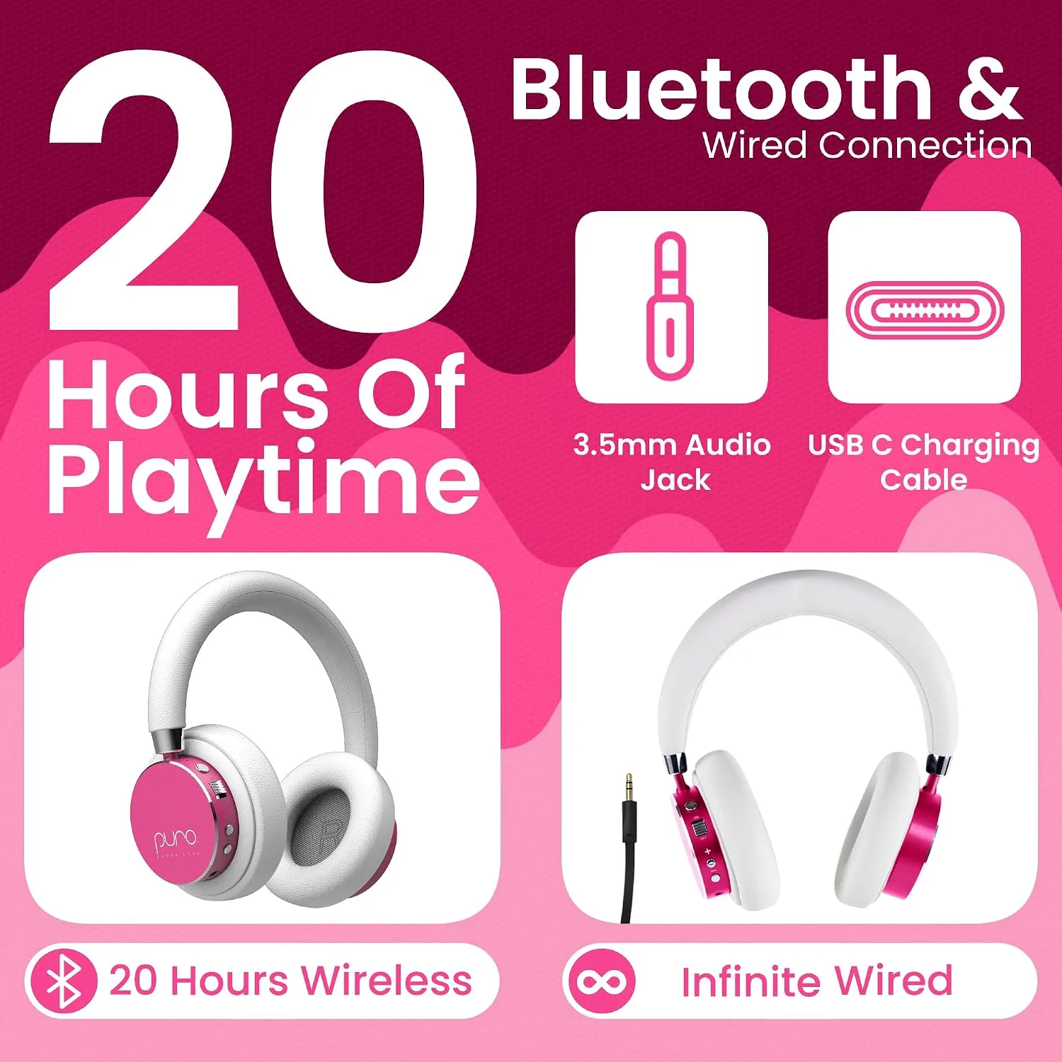 Puro Sound Labs - Kids Headphones, Volume-Limiting 85dB, BT2200 Plus, Pink