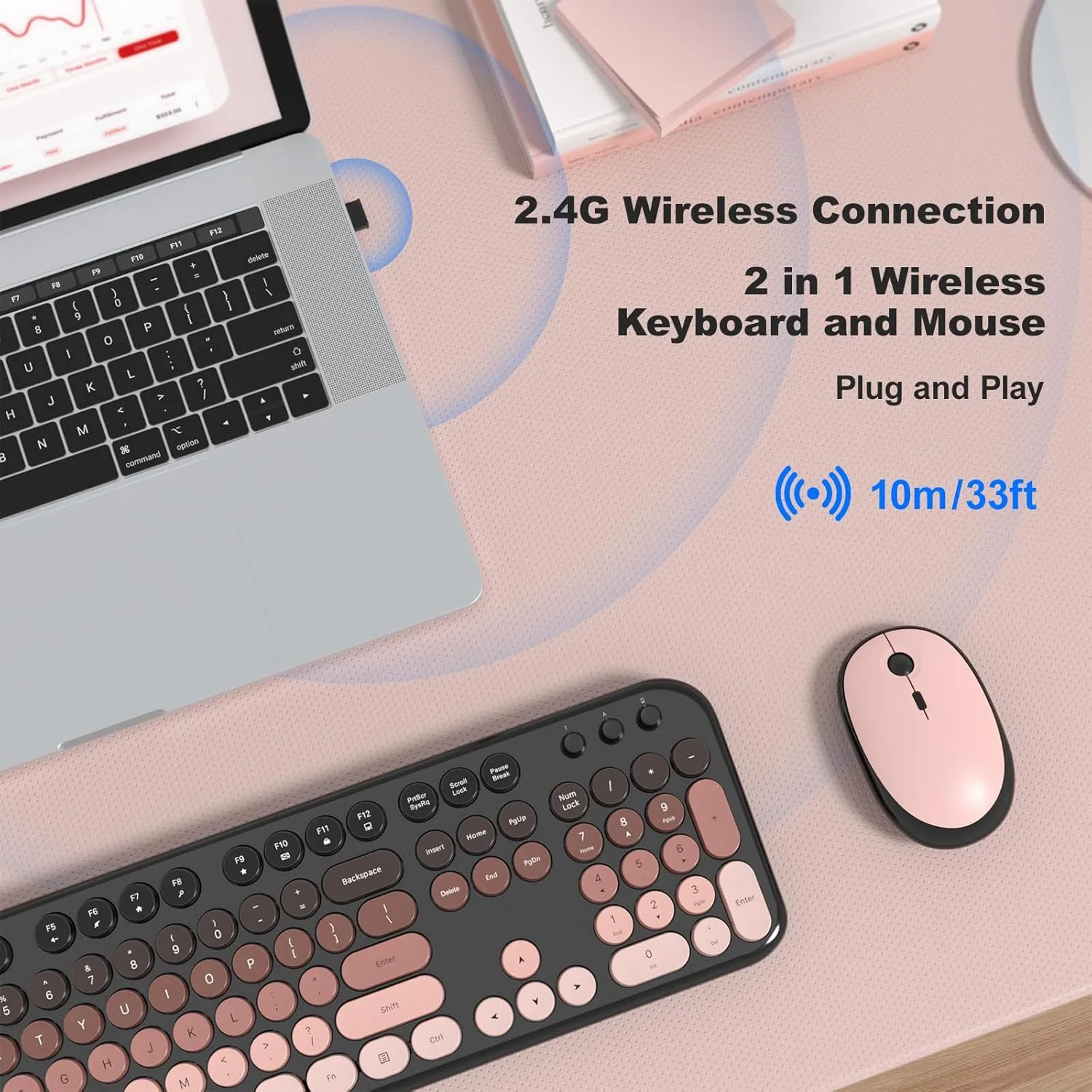 MOFII Wireless Keyboard and Mouse Combo, Full Size 2.4G Retro Round Computer Keyboard and Mouse Set, Plug and Play, for Windows, Computer, Desktop, PC, Notebook - (Lovely BlackBerry Gradient)
