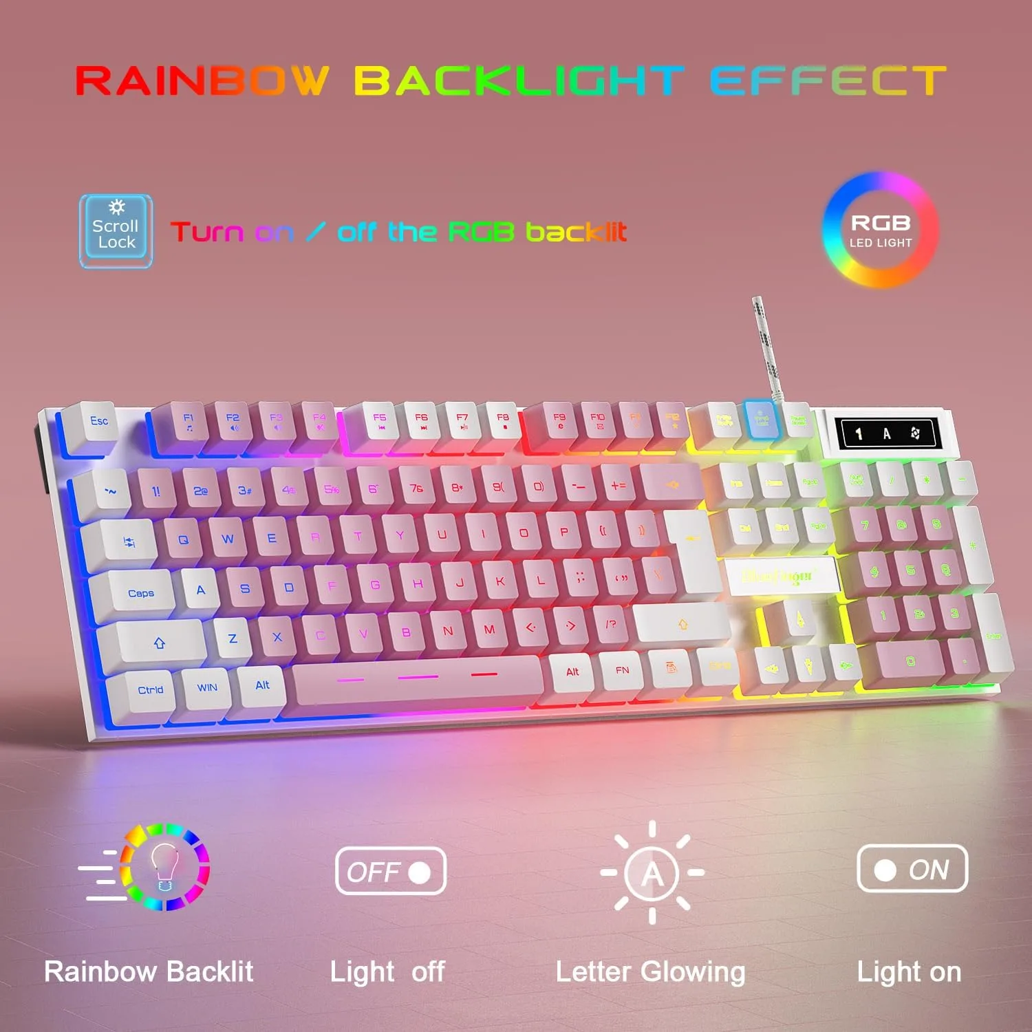 BlueFinger RGB Gaming Keyboard and Backlit Mouse and Headset Combo, USB Wired Backlit Keyboard, LED Gaming Mouse Set, Headset with Microphone for Laptop PC Computer Game and Work (White & Pink)