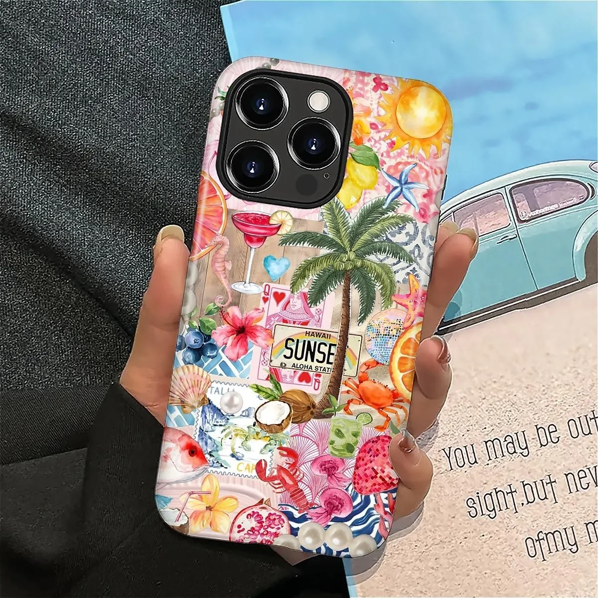 DAIZAG Case for iPhone 16 Pro,Mixed 2 Layer Design Shockproof Soft TPU Ddouble Protection Phone Case for iPhone 16 Pro-Aesthetic Summer Beach