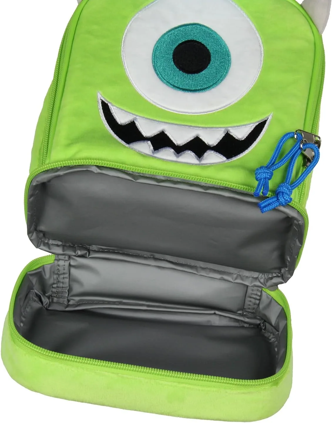 Disney Monsters Inc Lunch Box Mike Wazowski Plush Fuzzy Embroidered Face 3D Ears and Hat Insulated Lunch Bag Tote For Hot And Cold Food 9"