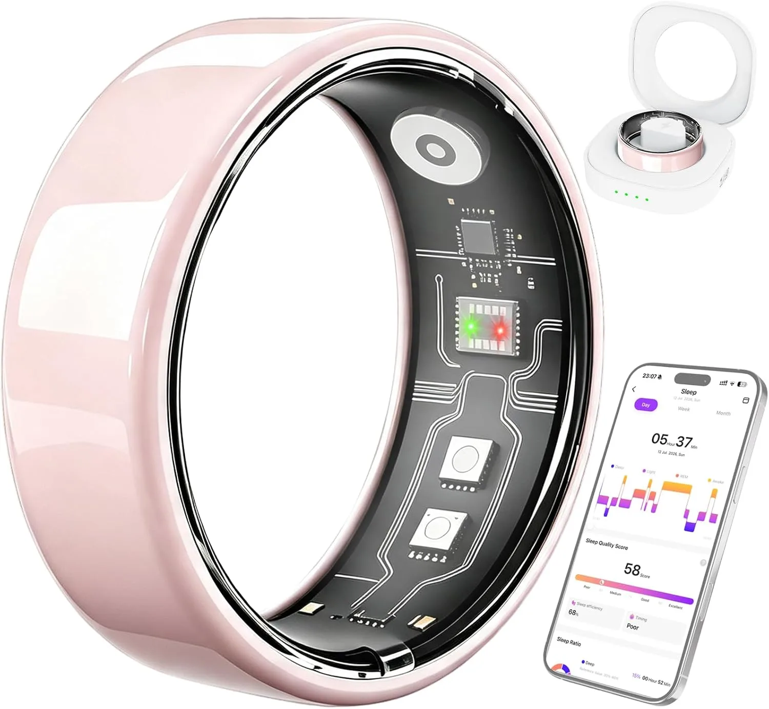 Smart Ring for Women & Men, Fitness Ring with Heart Rate, Sleep Monitor & Stress, IP68 Waterproof Sleep Ring, No APP Subscription (Pink Ceramic, #7)