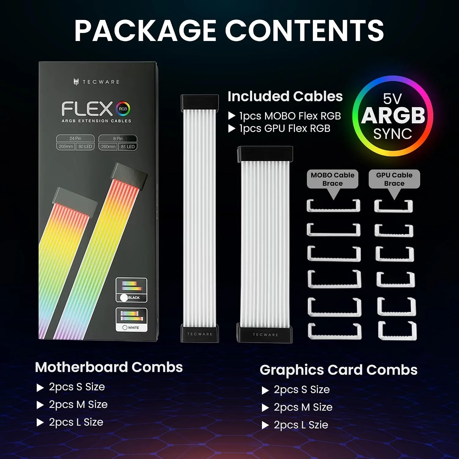 TECWARE Flex RGB Cable Cover Kit | Compatible with 24-Pin Motherboard and 8-Pin/16-Pin GPU | ARGB PSU Cable Extension with 5V 3-Pin Sync | RGB Lighting Kit for PC Cables | Black