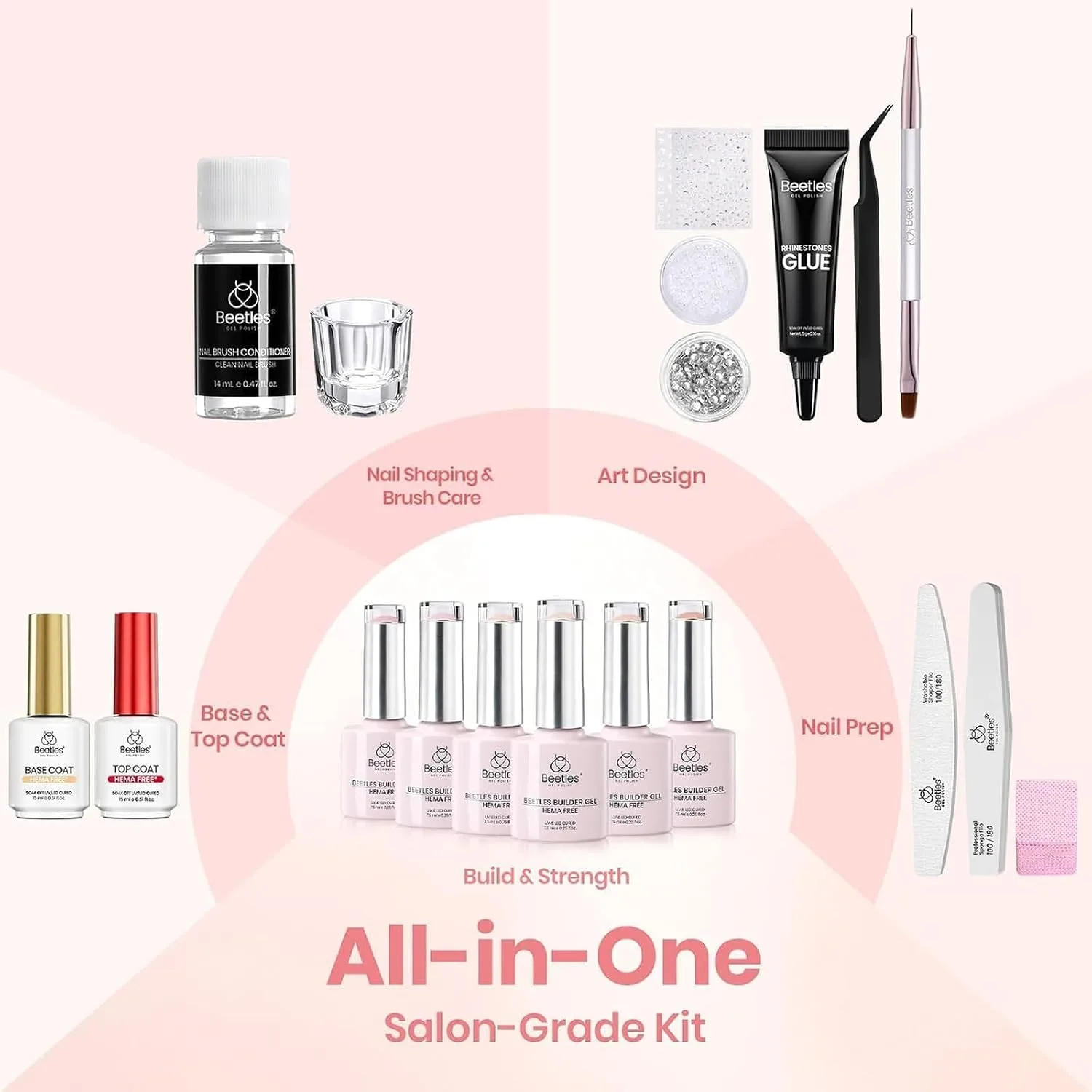 Beetles Builder Gel Nail Kit HEMA-FREE, 6 Colors Builder & Base Top Coat