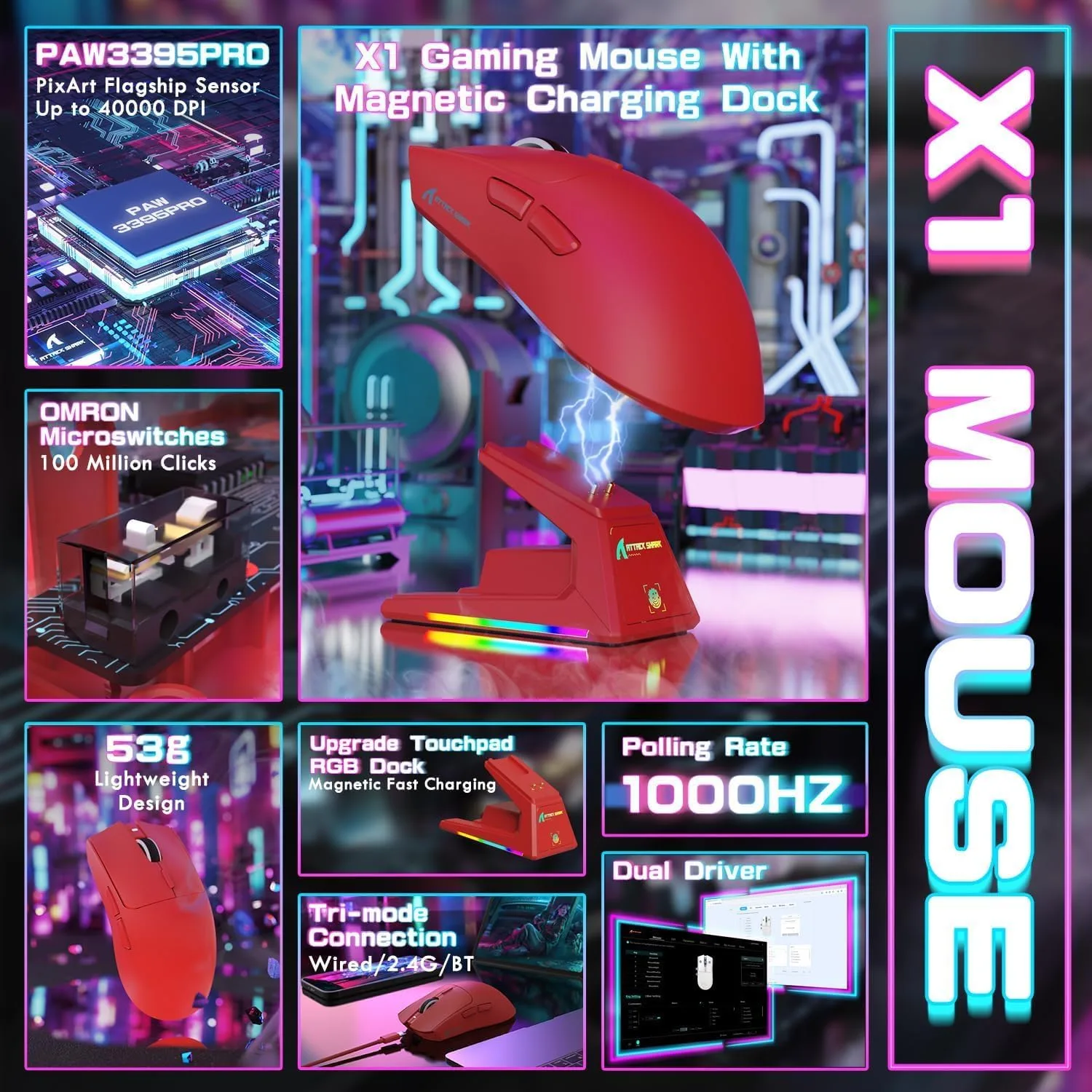 ATTACK SHARK X1 Ultralight Tri Mode Wireless 40000 DPI Gaming Mouse-Red