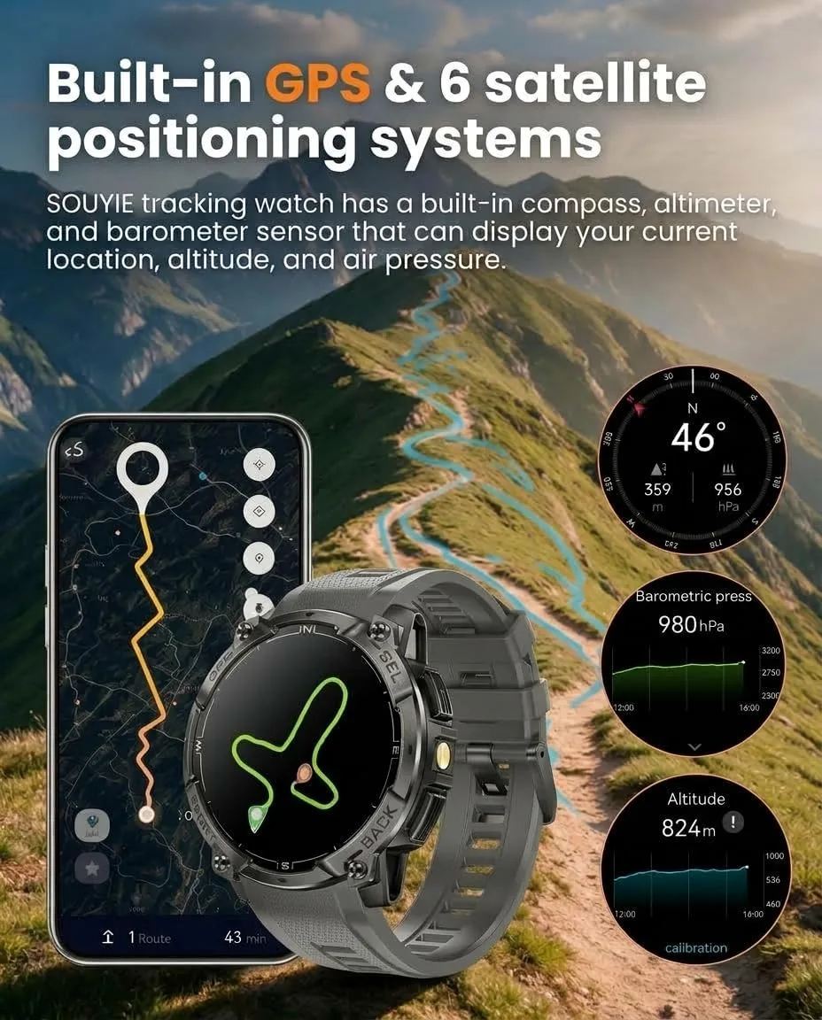 Military Smart Watch for Men, Built-in GPS, Bluetooth Call, 3ATM Waterproof