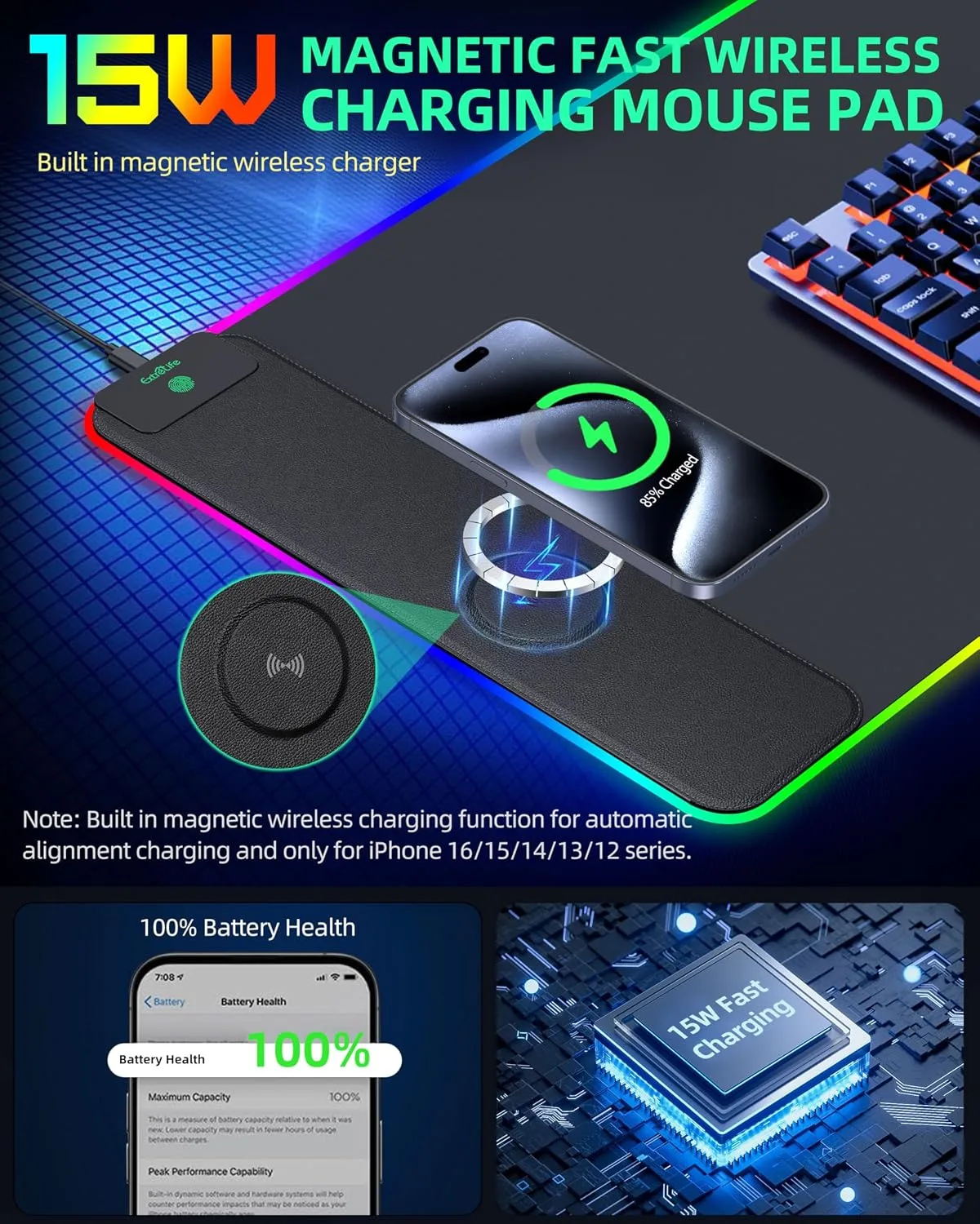 RGB Gaming Mouse Pad with 15W Magnetic Wireless Charging, 31.5"x15.7"