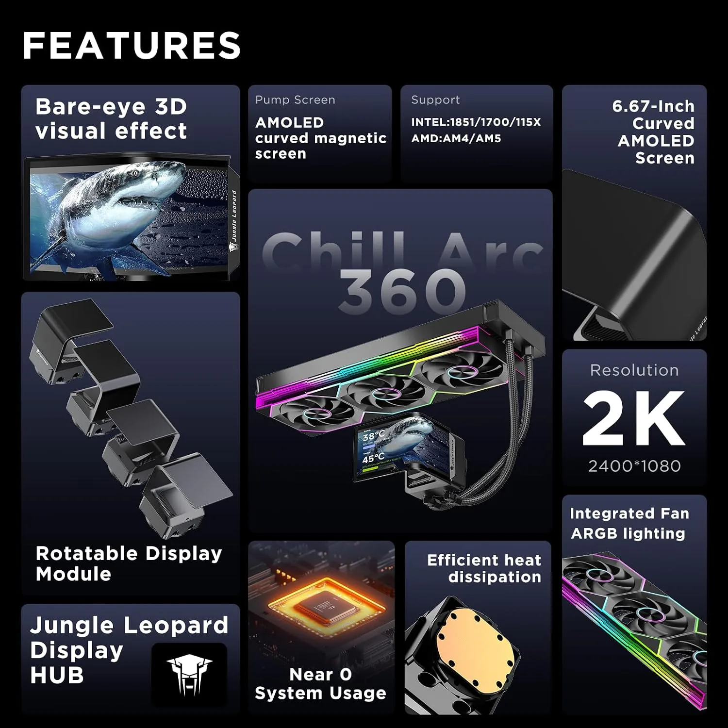 Chill Arc 360mm AIO CPU Cooler, 6.67" 2K AMOLED Screen-BK