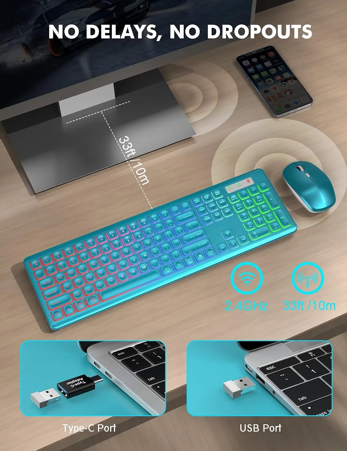 Wireless Keyboard and Mouse Combo with RGB Backlit, Rechargeable