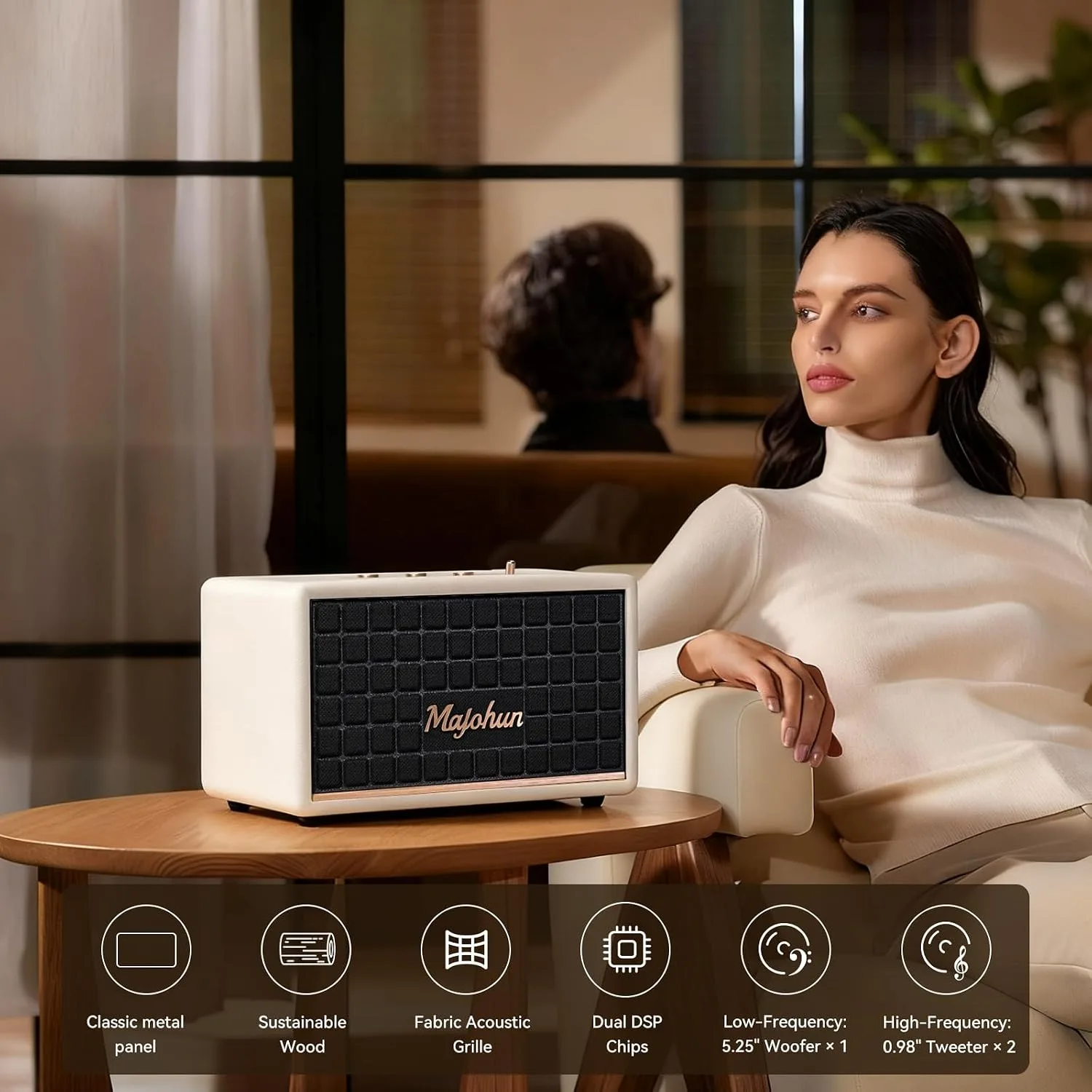 120W Peak Vintage Wood Bluetooth 5.4 Speaker, TWS Stereo Loud Stereo Sound with Bass and Treble Controls | Plug-in Powered | 3.5mm Aux Input(White)