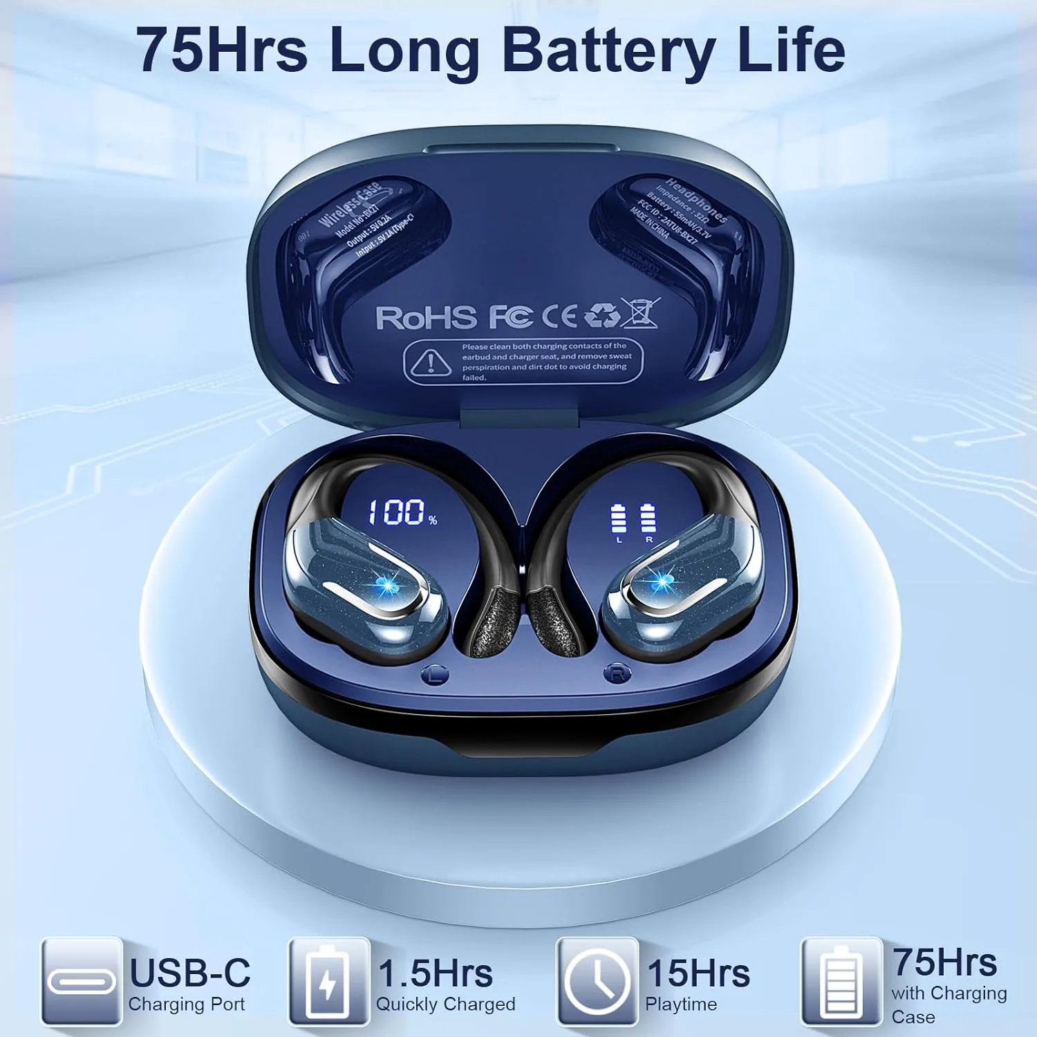 Wireless Earbud, Bluetooth 5.4 Headphones IP7 Waterproof Sport, 75Hrs Running Wireless Earphones with ENC Noise Canceling Mic, Deep Bass Over Ear bud with Earhooks for Android, iOS, Workout, Gym, Blue