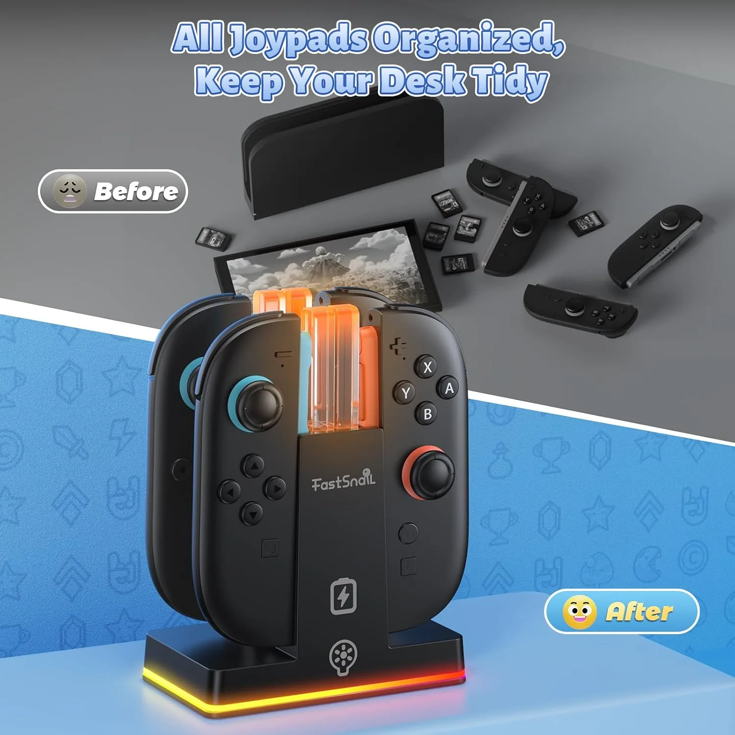 FASTSNAIL Charging Dock for Nintendo Switch 2(2025) for Joy-Con 2, Dual-Direction Magnetic Fast Controller Charger Station with 9 RGB Light & Charging Cable for Joycon 2 Stand Accessories