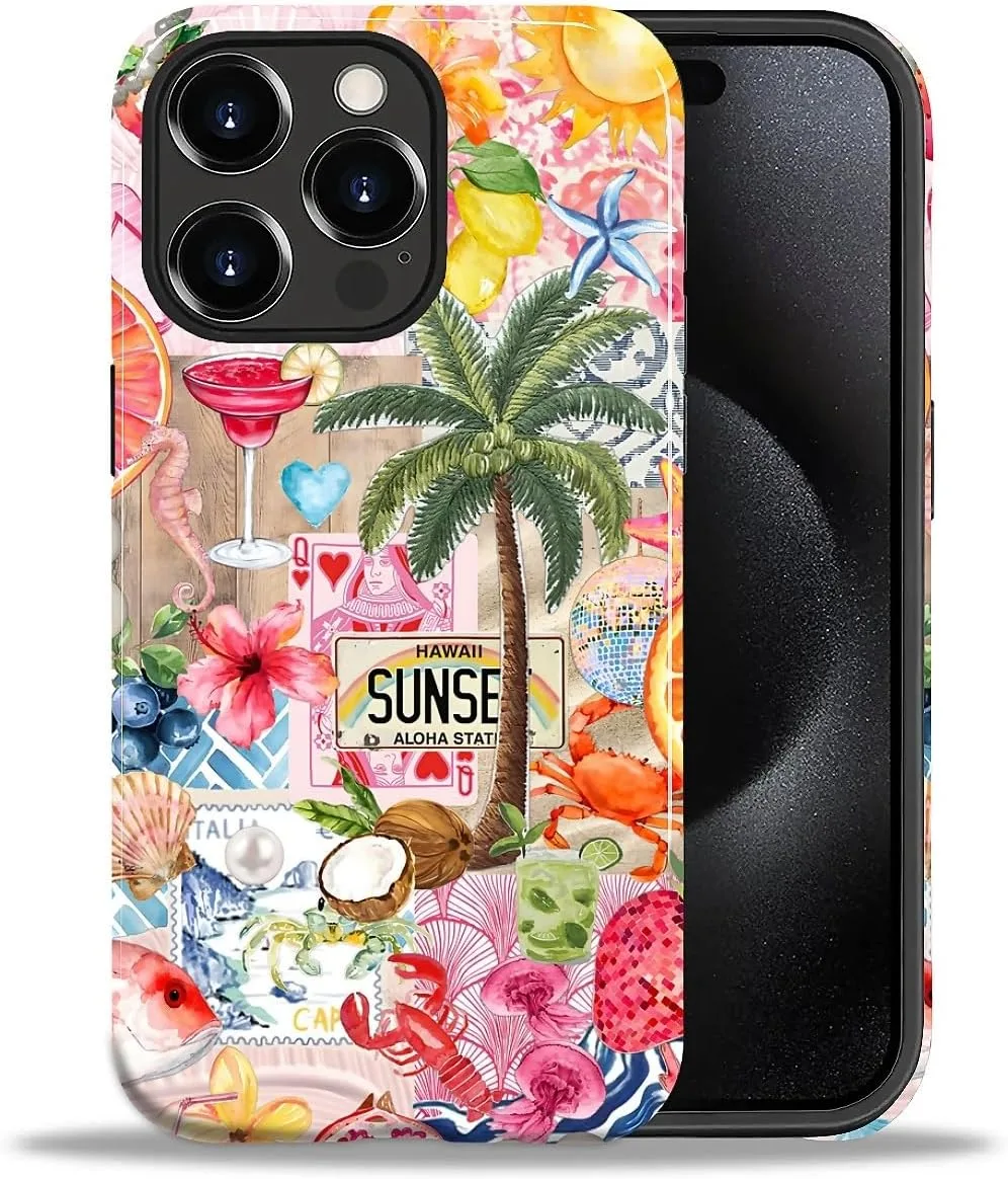 DAIZAG Case for iPhone 15 Pro,Mixed 2 Layer Design Shockproof Soft TPU Ddouble Protection Phone Case for iPhone 15 Pro-Aesthetic Summer Beach
