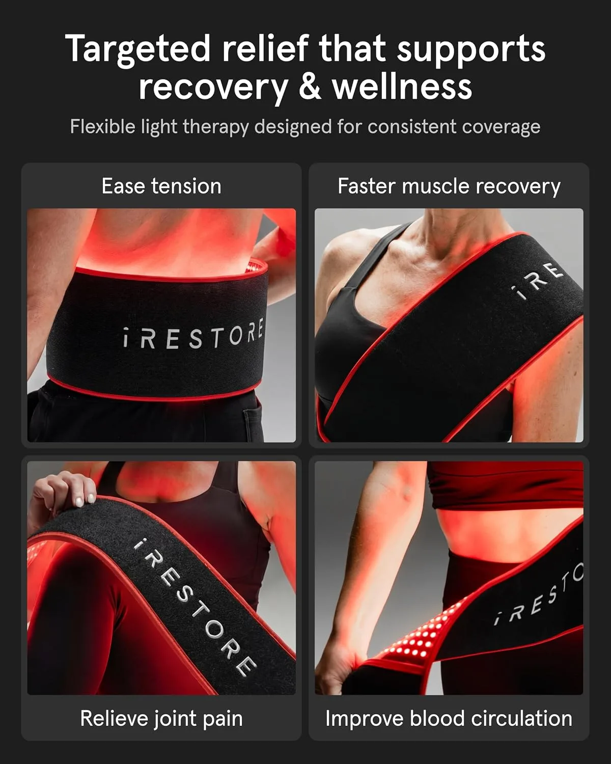 iRESTORE Red Light Therapy Belt for Back Pain and Shoulder Support - Infrared Red Light Therapy for Body with 3 Wavelengths, Wireless LED Belt for Waist, Stomach, Back, Knee, Wellness & Recovery