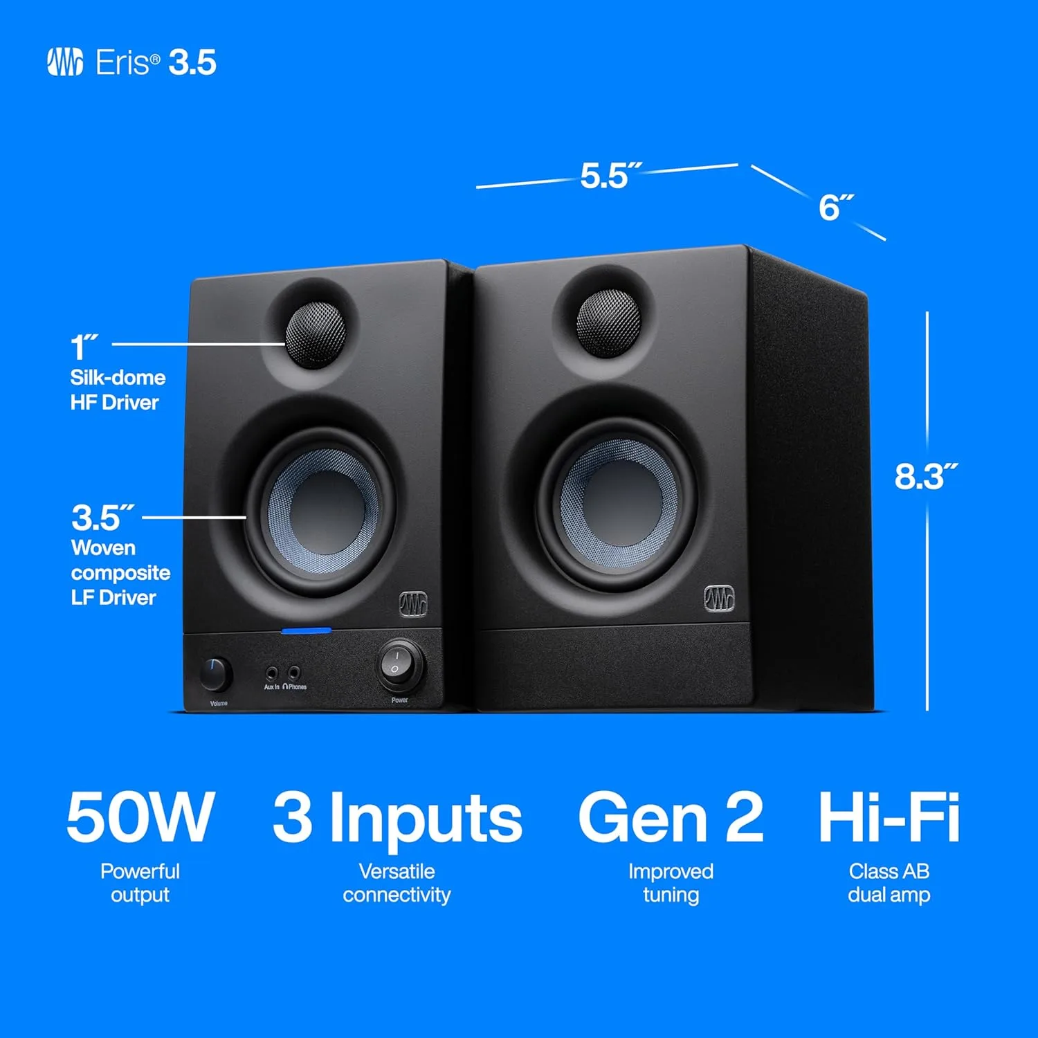 PreSonus Eris 3.5 Powered Studio Monitors, Pair — 3.5” Active Near