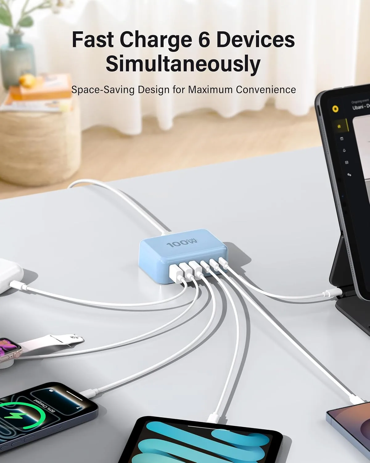 USB Fast Charger Block 50% Smaller 100W Max 6-Port GaN USB Charging Station