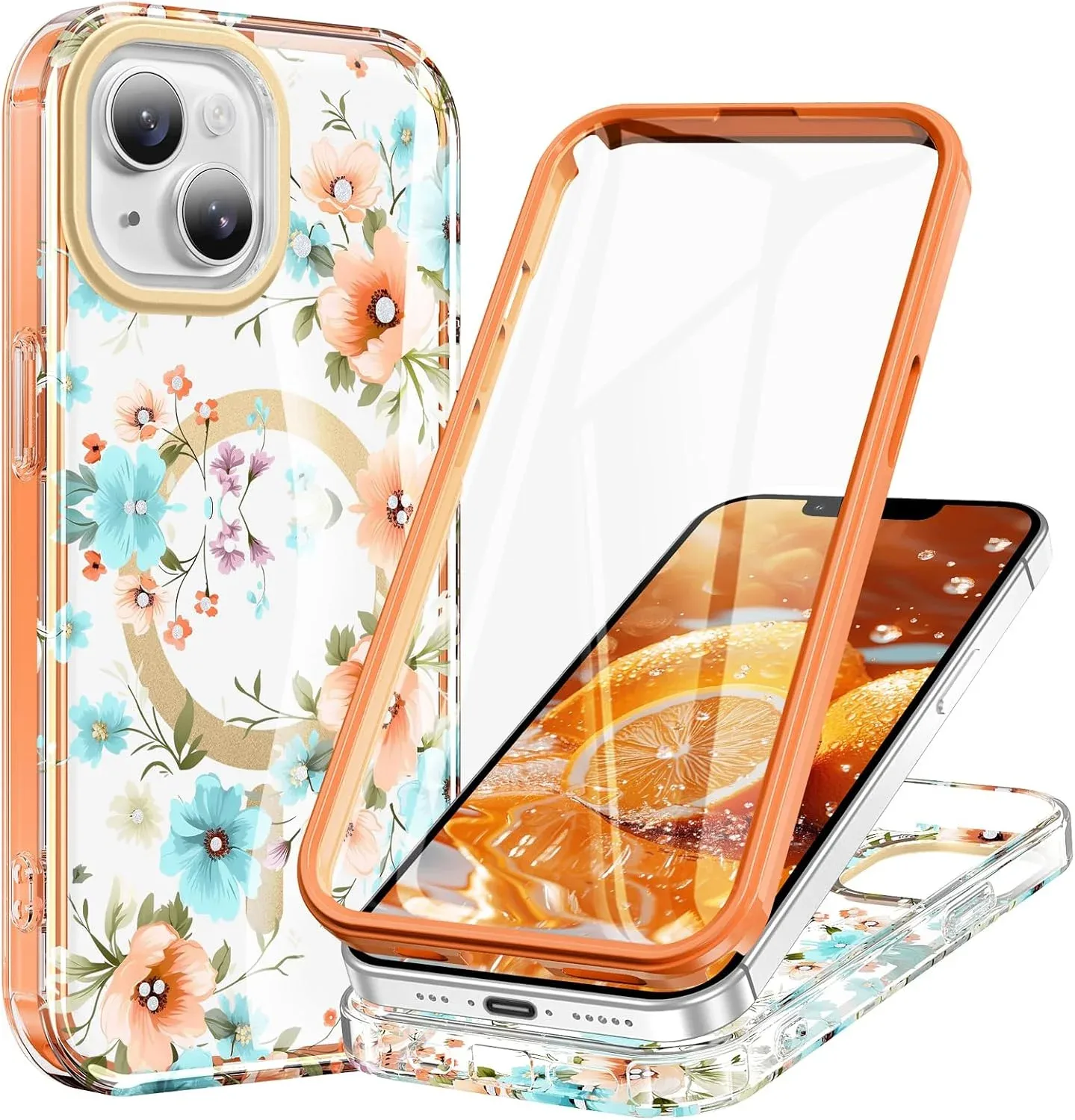 STERKER Designed for iPhone 14 Plus Case 6.7" [Compatible with Magnetic] [Built-in Screen Protector] Full Body Rugged Drop Proof 14 Plus Cover - Ethereal Petal Orange