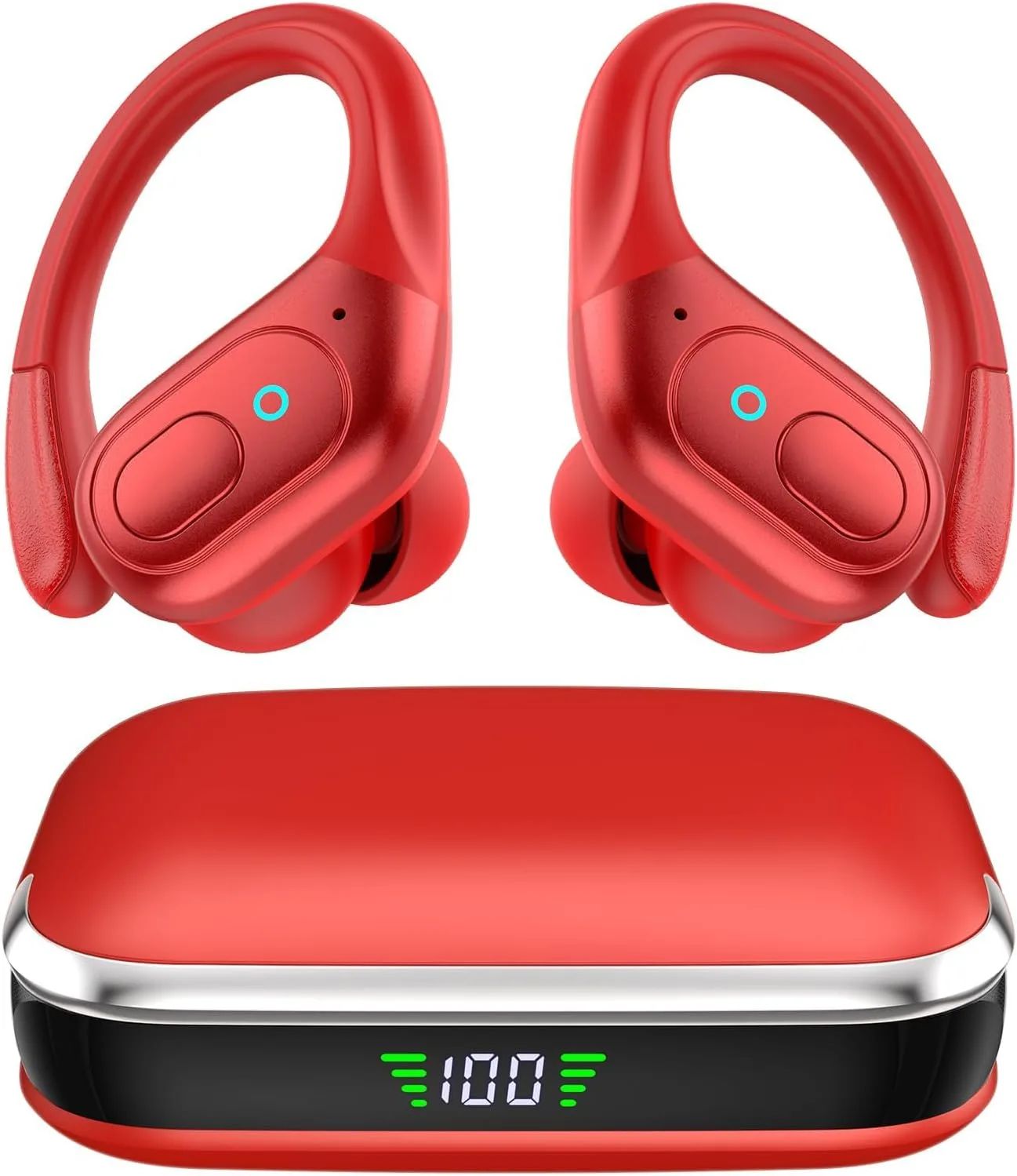Wireless Earbuds Headphones Bluetooth 5.4, Noise Canceling Ear Buds with 75hr Playtime, IPX7 Waterproof Earphones Over-Ear Earphones for Sports/Workouts, LED Power Display - Red