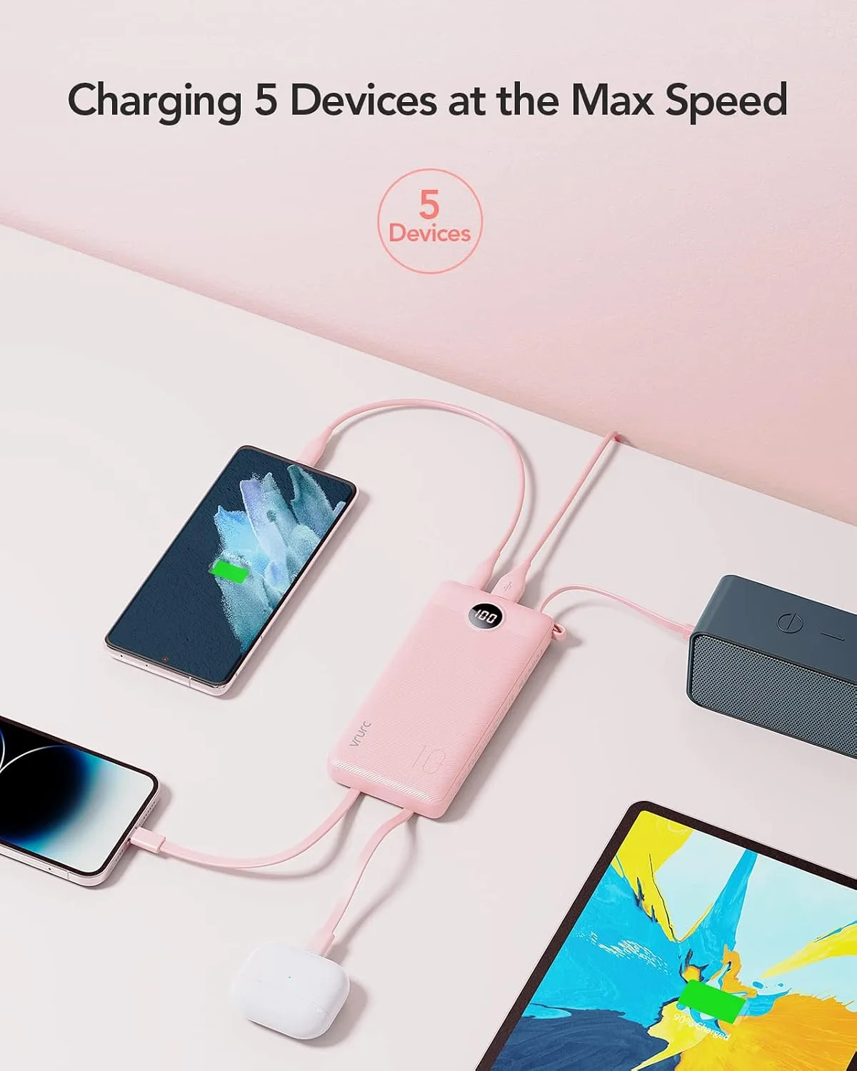 VRURC Portable Charger, Slim Power Bank Built-in 4 Cables, Travel Essential