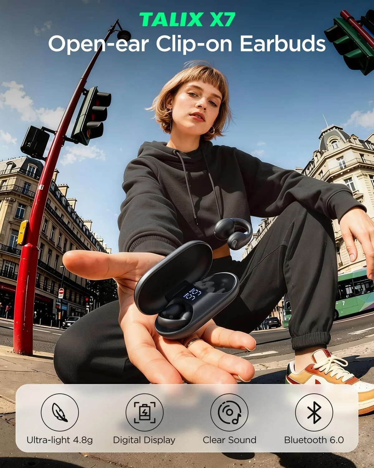 Open Ear Earbuds, Clip-On Design, Wireless Bluetooth 6.0 X7, Black